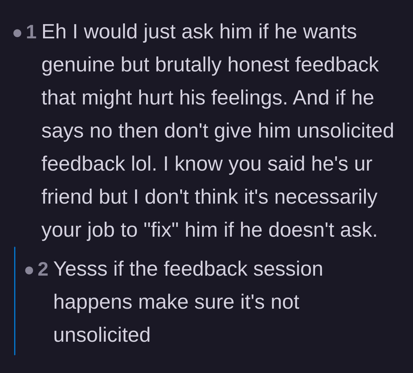 Comment thread 5 - A practical tip to simply ask for consent before dropping brutal feedback.
