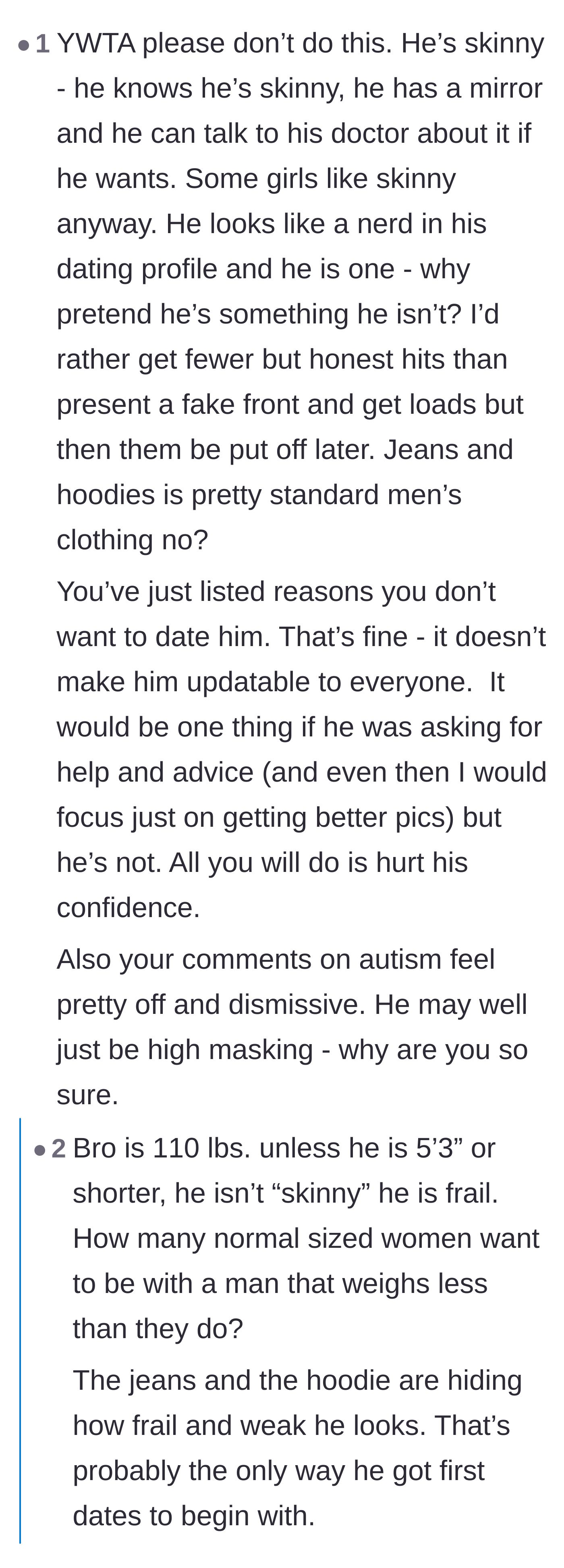 Comment thread 6 - A heated debate about whether telling a frail man he's too skinny is helpful or just hurtful.