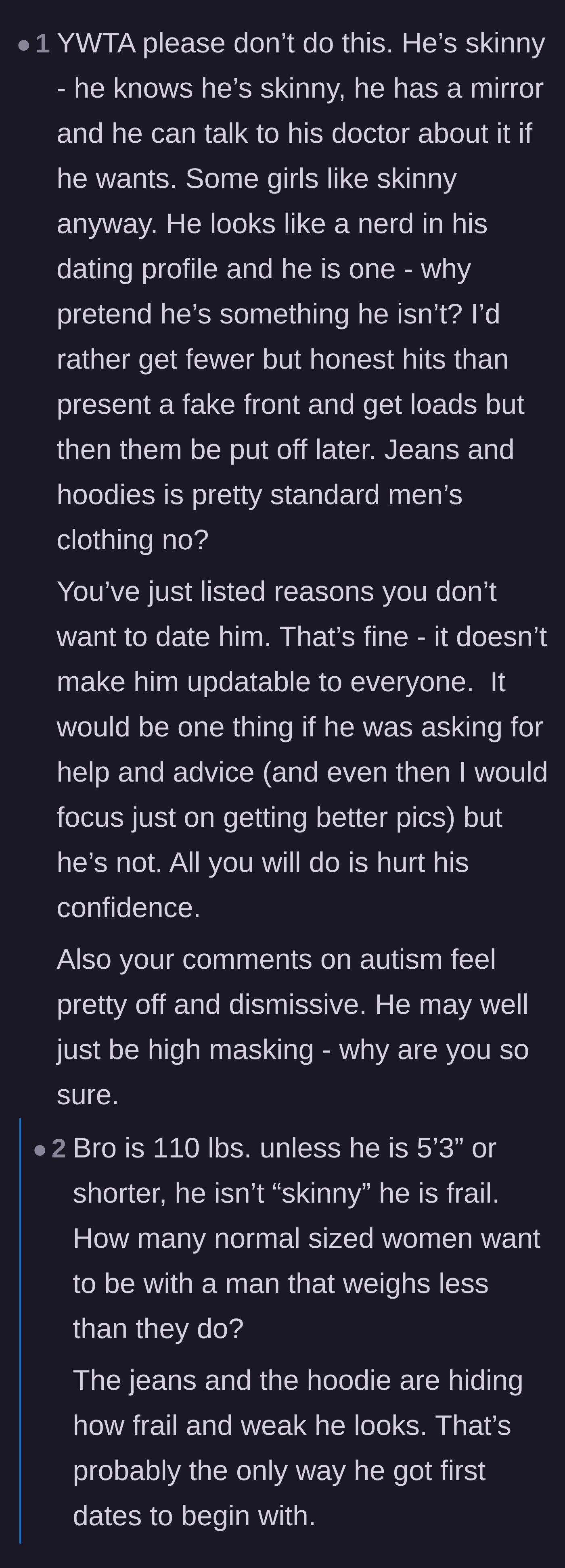 Comment thread 6 - A heated debate about whether telling a frail man he's too skinny is helpful or just hurtful.