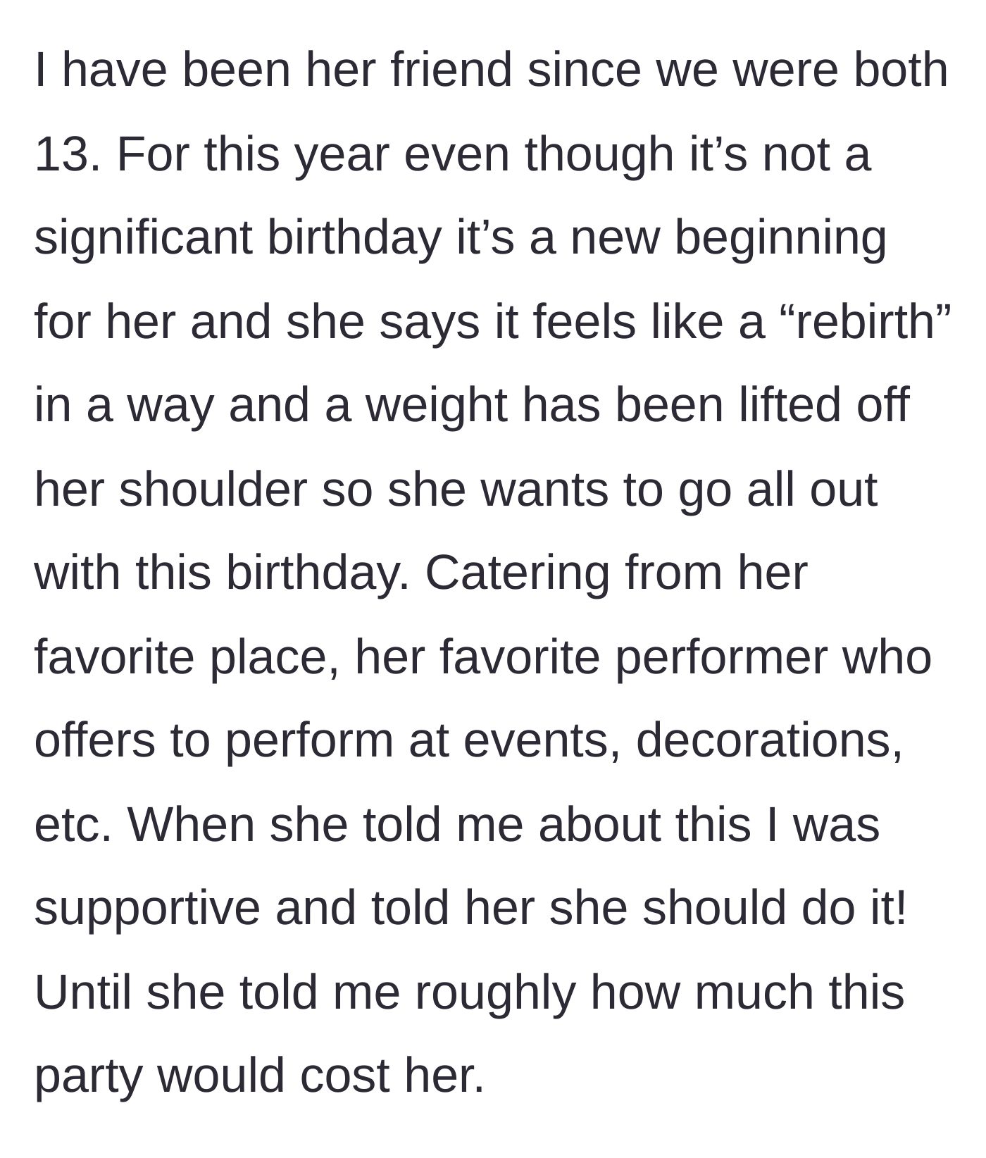 Story part 2 - The friend declares her 23rd birthday a 'rebirth' and plans an extravagant celebration.