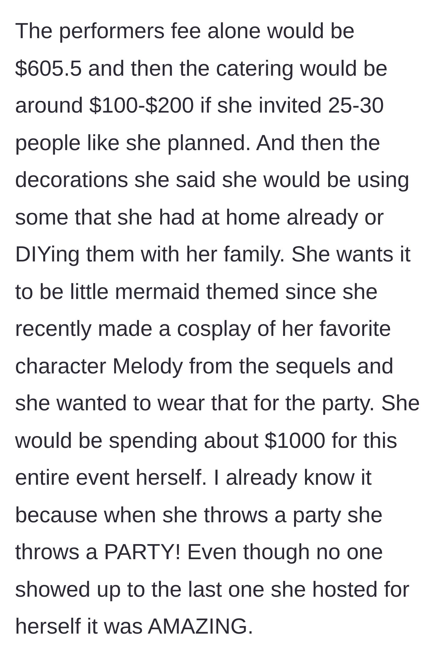 Story part 3 - The breakdown of the extravagant $1,000 Little Mermaid themed party expenses.