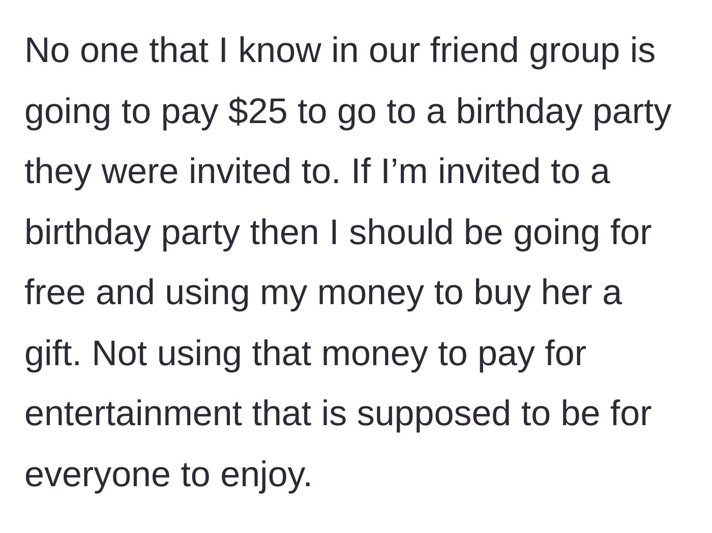 Story part 5 - The main character explains the basic etiquette of attending a birthday party with a gift instead of an entrance fee.