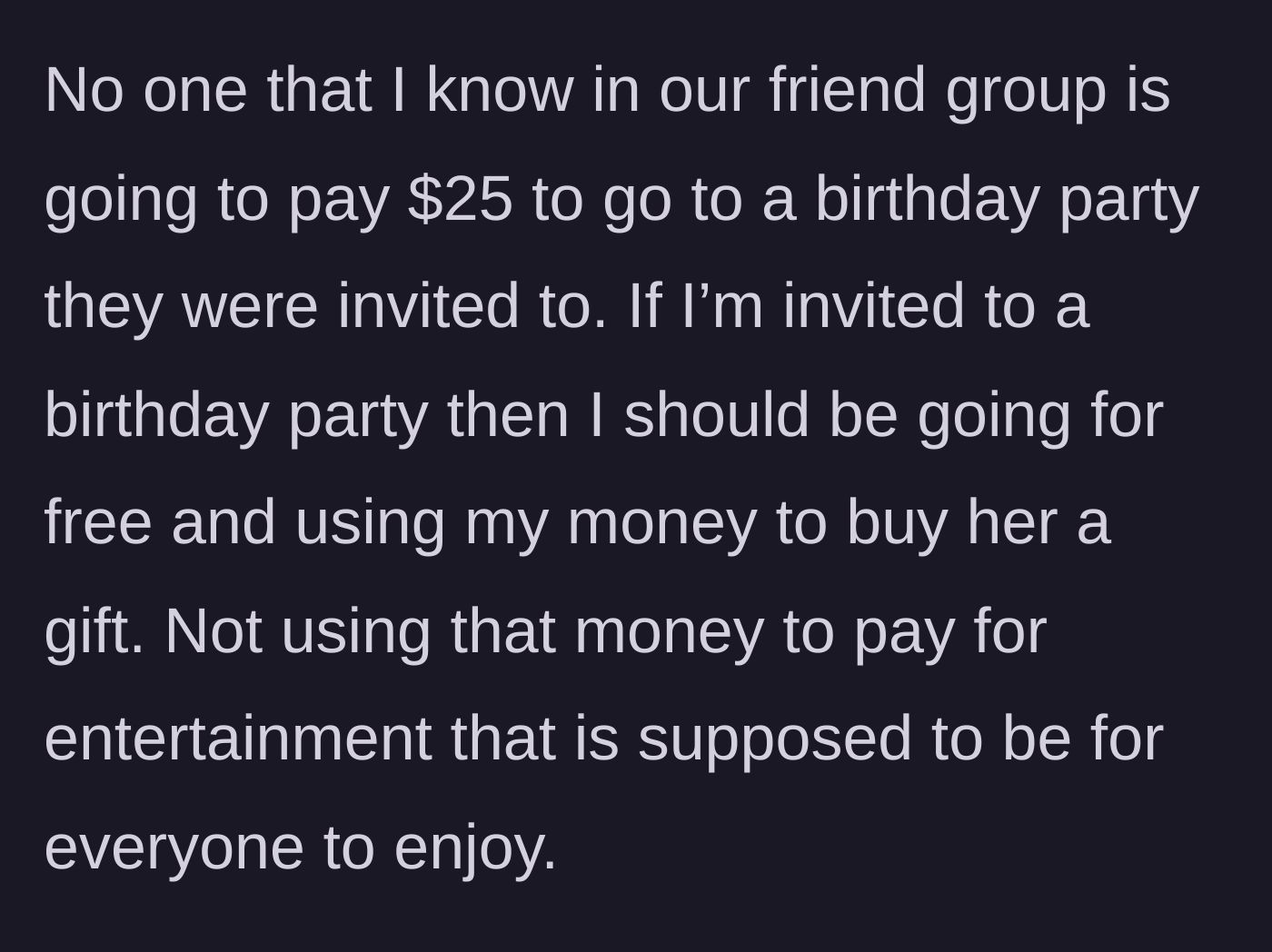 Story part 5 - The main character explains the basic etiquette of attending a birthday party with a gift instead of an entrance fee.