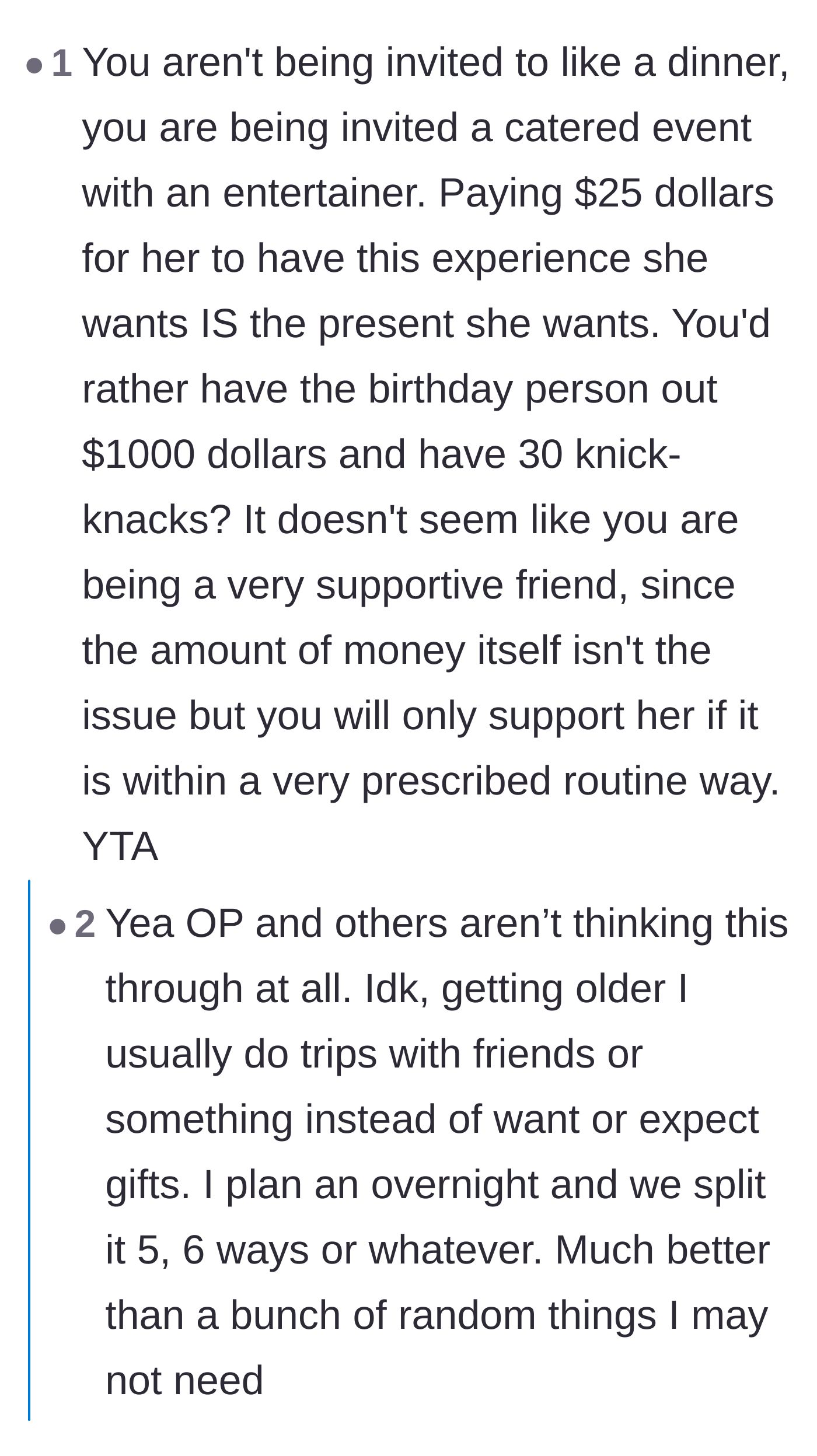 Comment thread 2 - Readers pointing out that paying for a shared experience is standard adult behavior and much better than buying random knick-knacks.