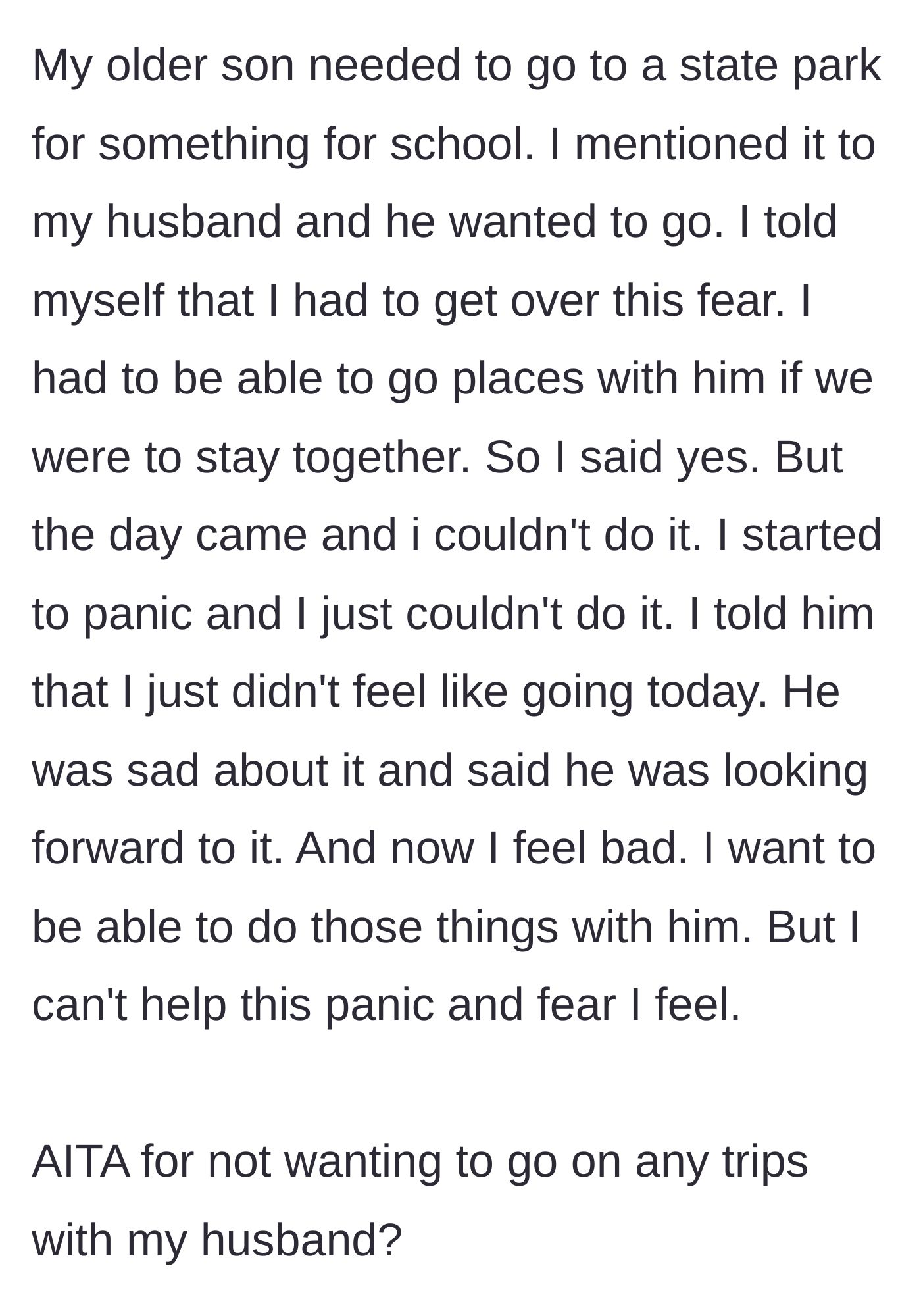Story part 11 - The wife tries to force herself to take a trip with her husband for her son's school, but her fear takes over and she cancels, feeling deeply guilty.