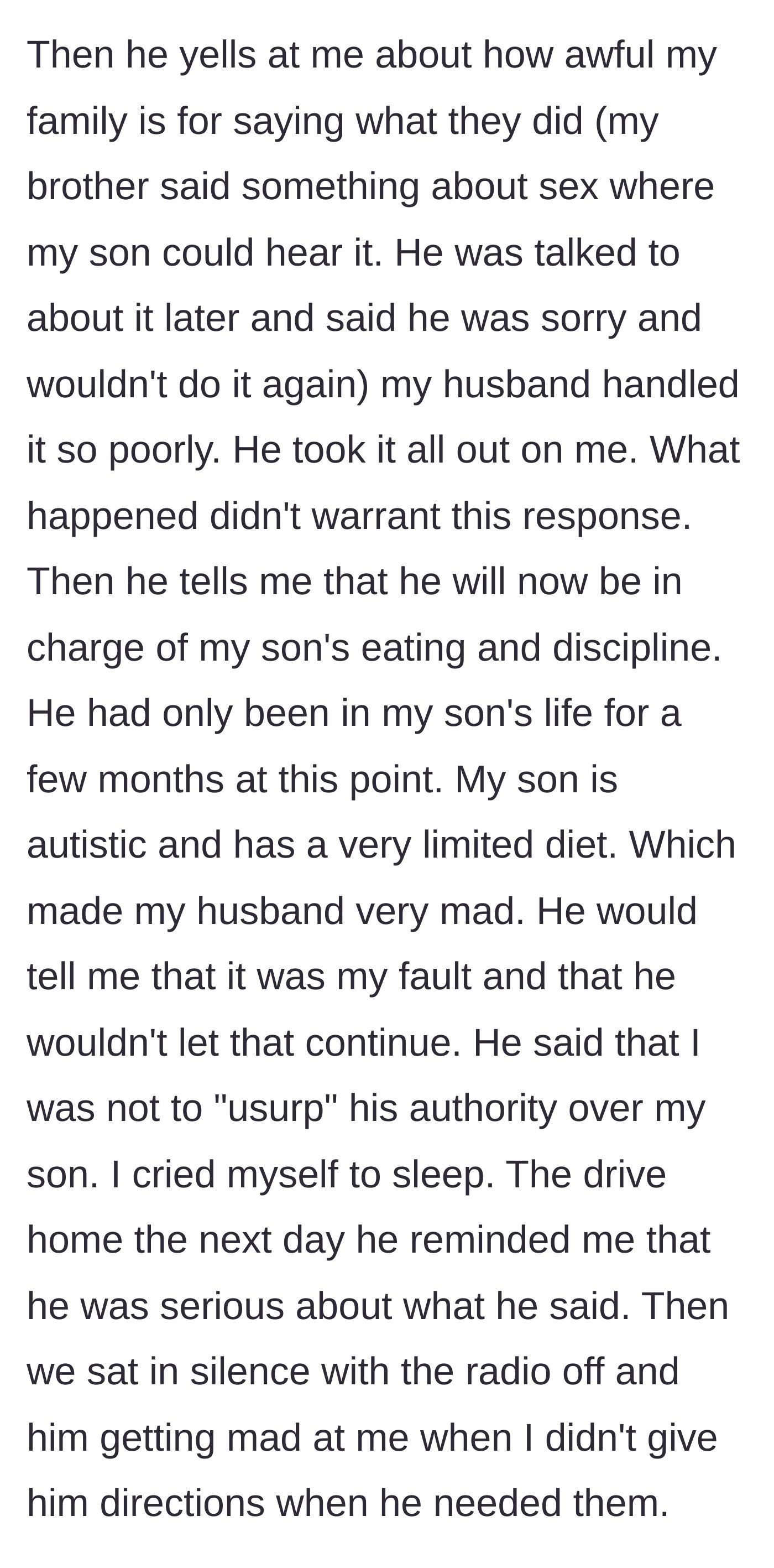 Story part 5 - The husband dictates that he will control the autistic stepson's limited diet and accuses the wife of usurping his authority.
