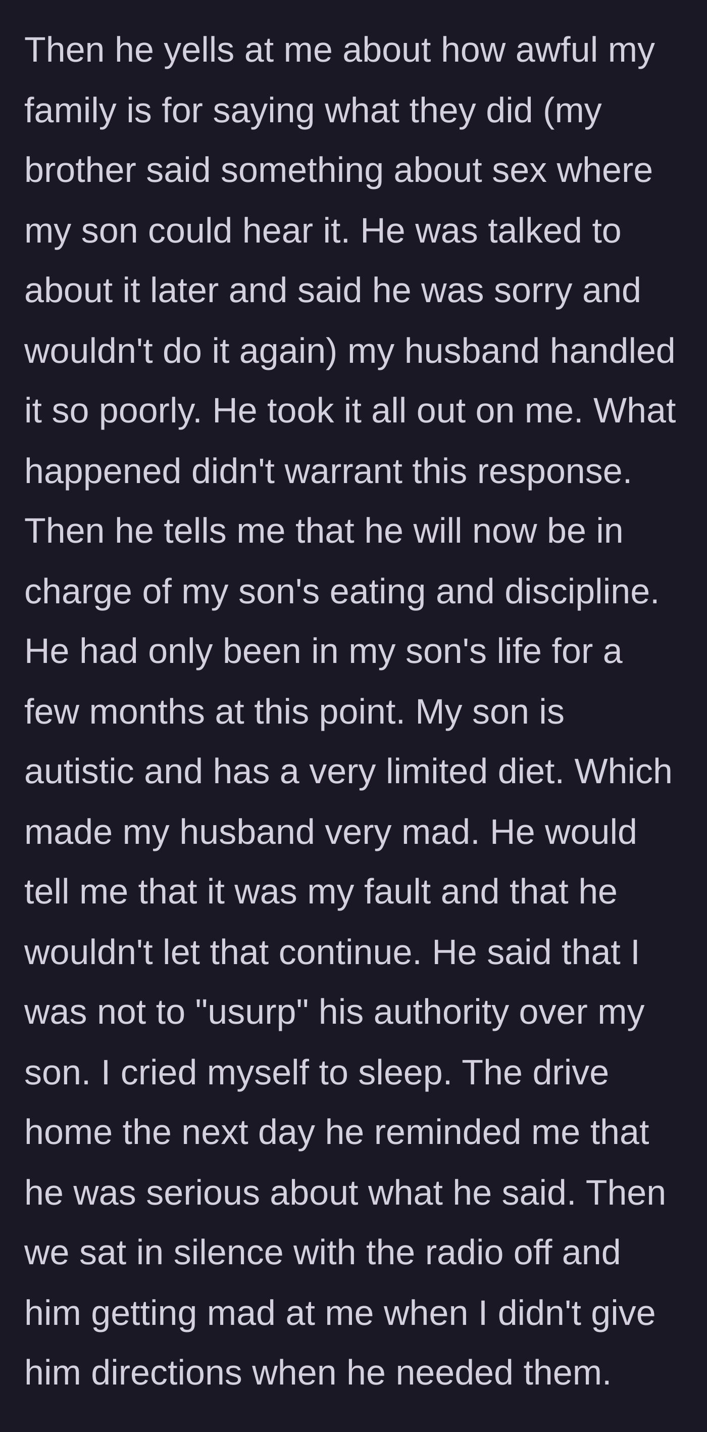Story part 5 - The husband dictates that he will control the autistic stepson's limited diet and accuses the wife of usurping his authority.