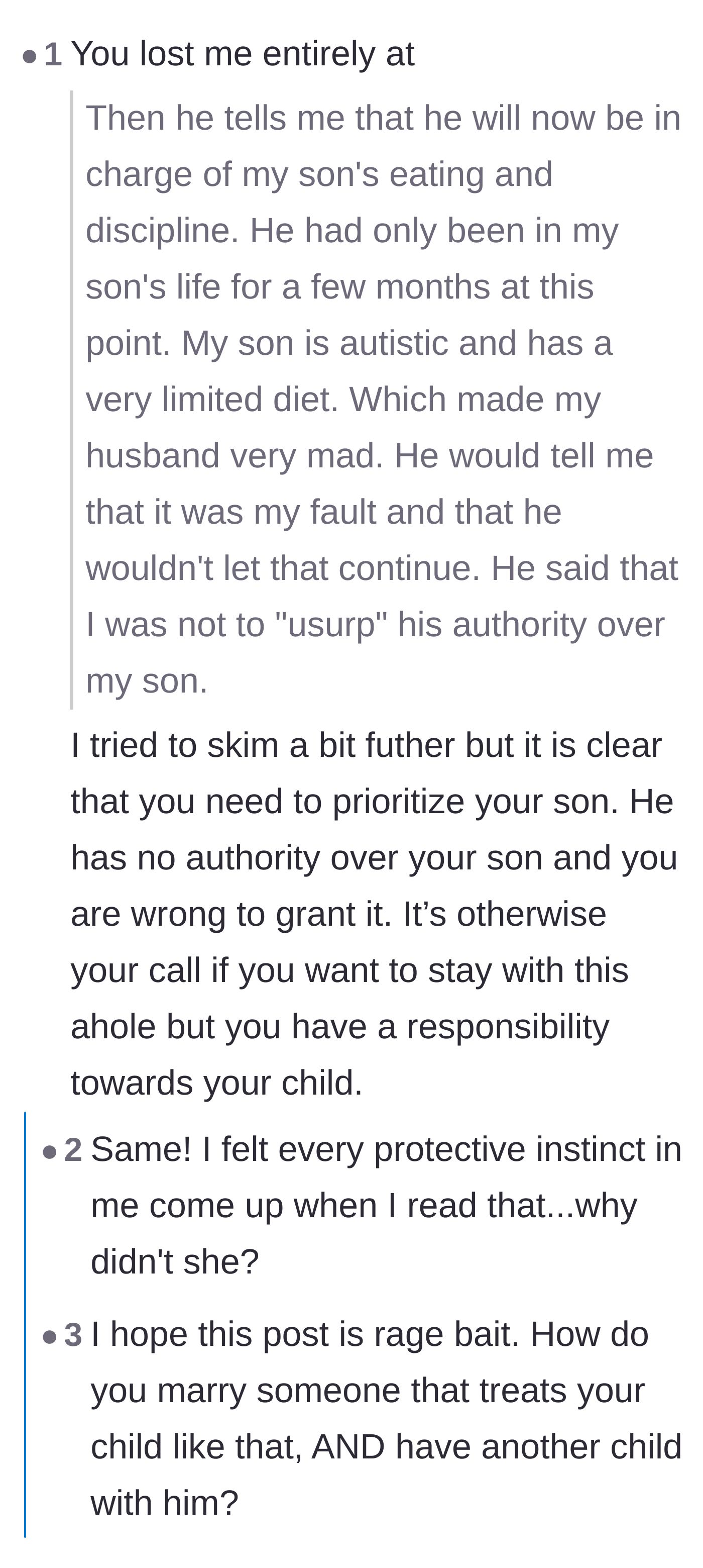 Comment thread 2 - Outrage over the husband demanding control over the autistic stepson's diet early in the relationship.