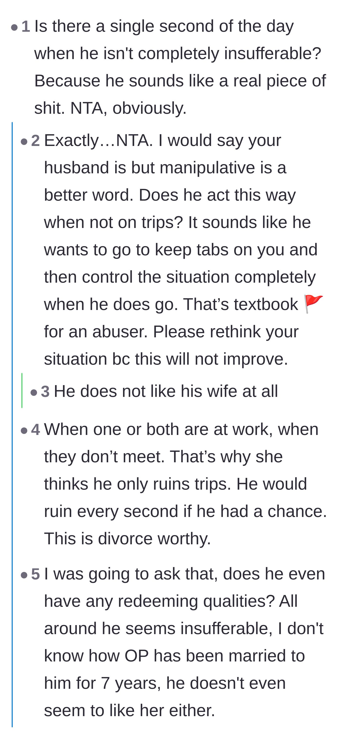 Comment thread 3 - Debate over whether the husband has any redeeming qualities and the revelation of his abusive behavior off-vacation.