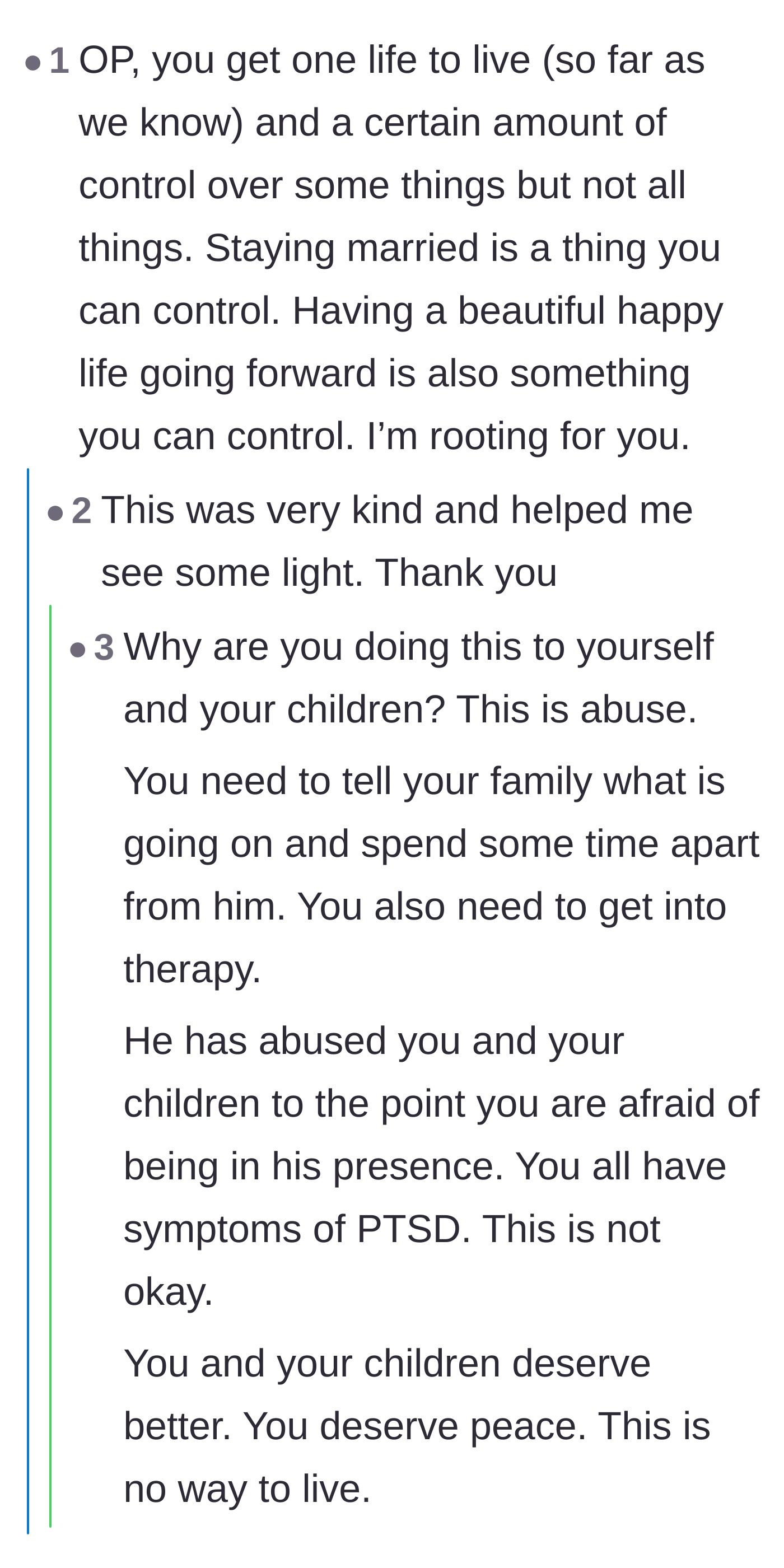 Comment thread 6 - A deeply supportive and kind comment encouraging the author to take back control of her life, which the author actually replied to.