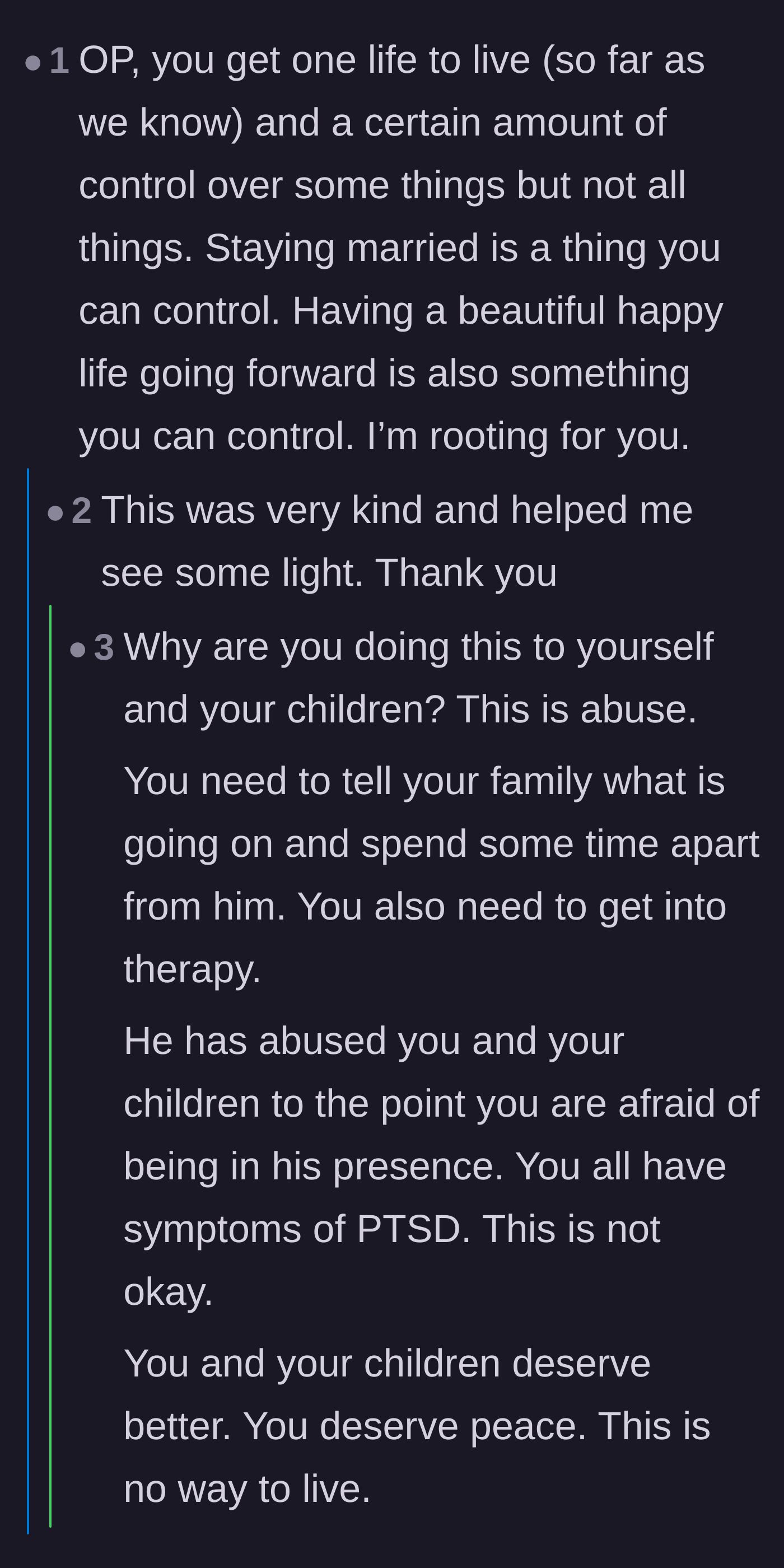 Comment thread 6 - A deeply supportive and kind comment encouraging the author to take back control of her life, which the author actually replied to.