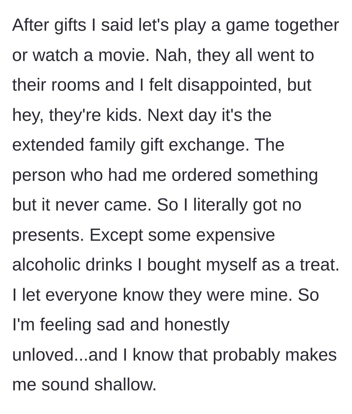 Story part 3 - The family abandoning the mother in the living room, and the extended family gift exchange completely falling through.