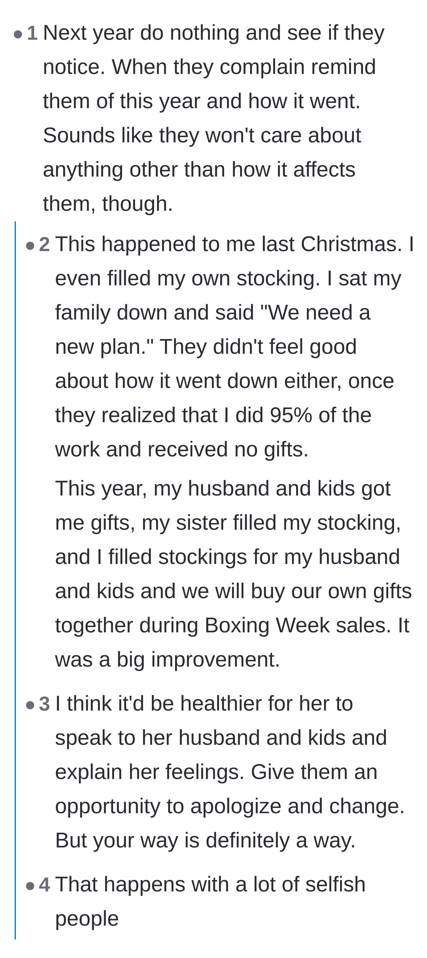Comment thread 2 - A commenter sharing a success story of sitting their family down to demand a change in how Christmas is handled.