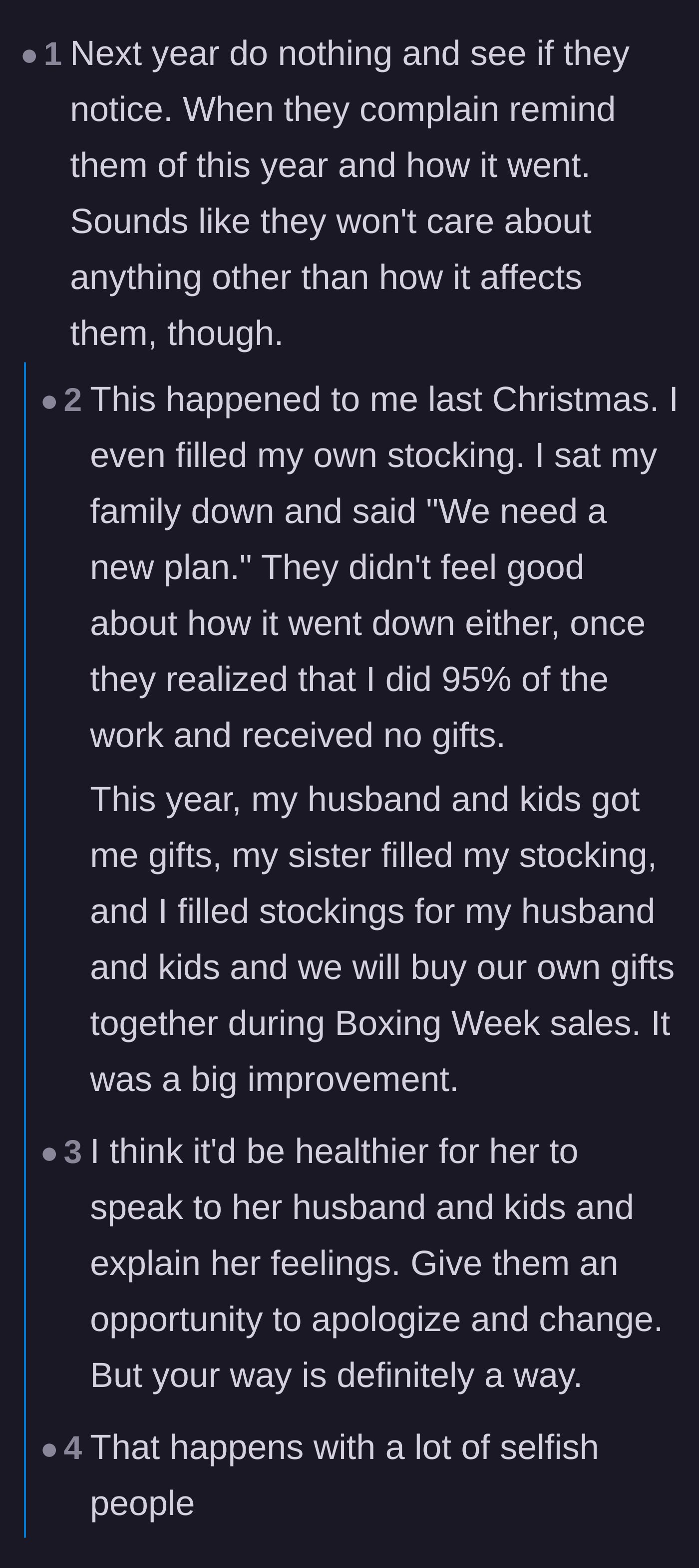 Comment thread 2 - A commenter sharing a success story of sitting their family down to demand a change in how Christmas is handled.