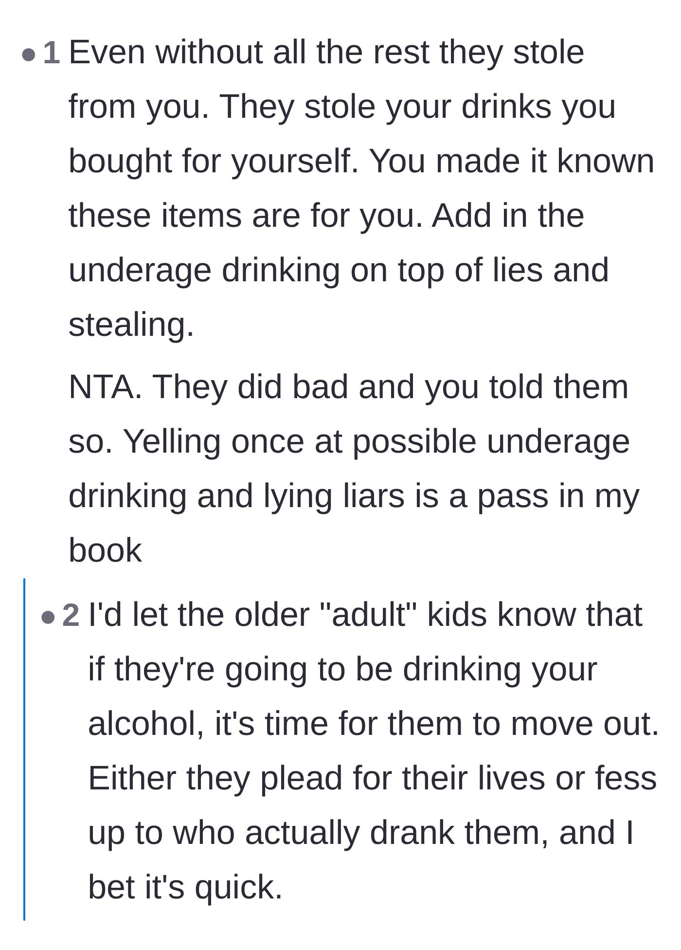 Comment thread 4 - Commenters pointing out that the kids are not just ungrateful, but actively stealing alcohol and lying about it.