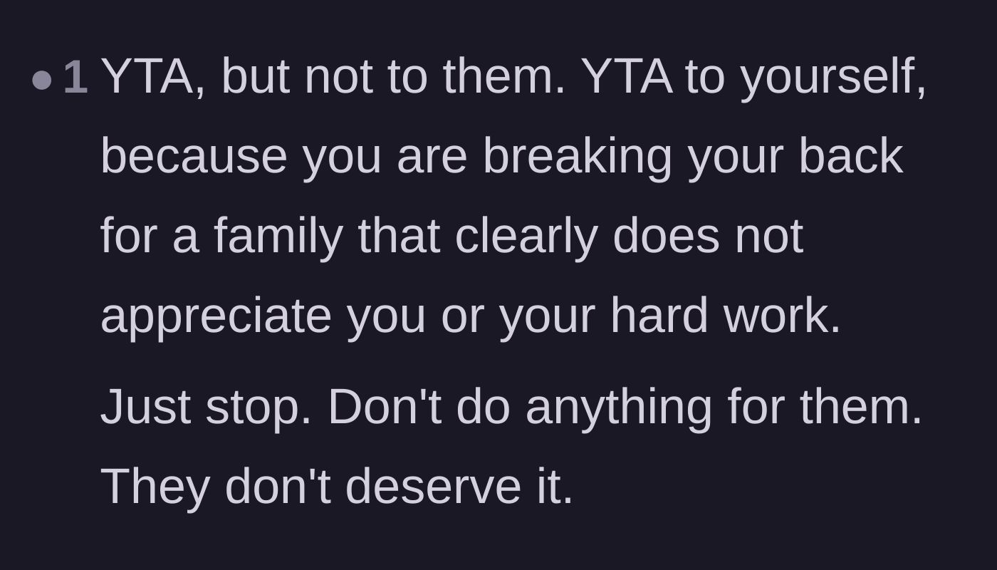 Comment thread 5 - A tough-love comment telling the mother she is only hurting herself by continuing to sacrifice for them.