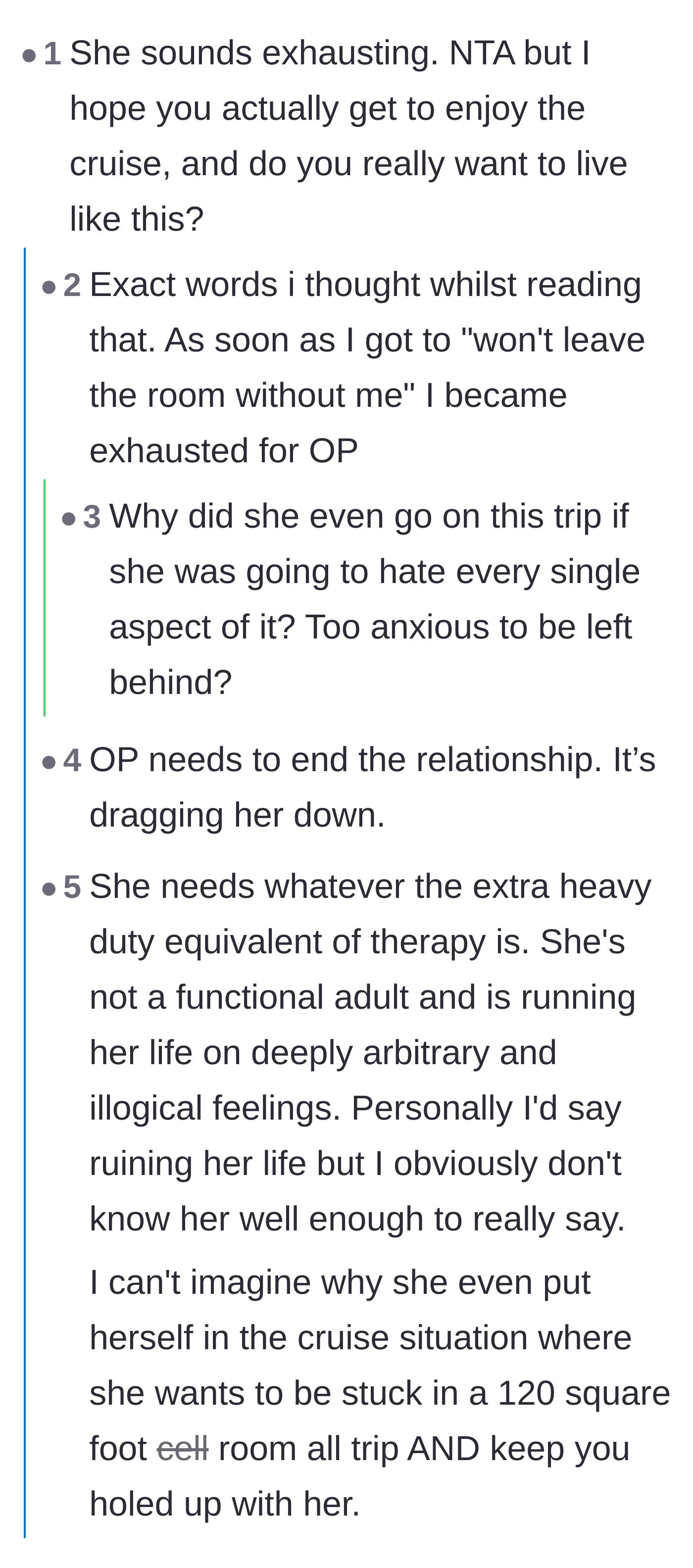 Comment thread 1 - Readers expressing secondhand exhaustion and questioning the partner's motive for taking the trip.