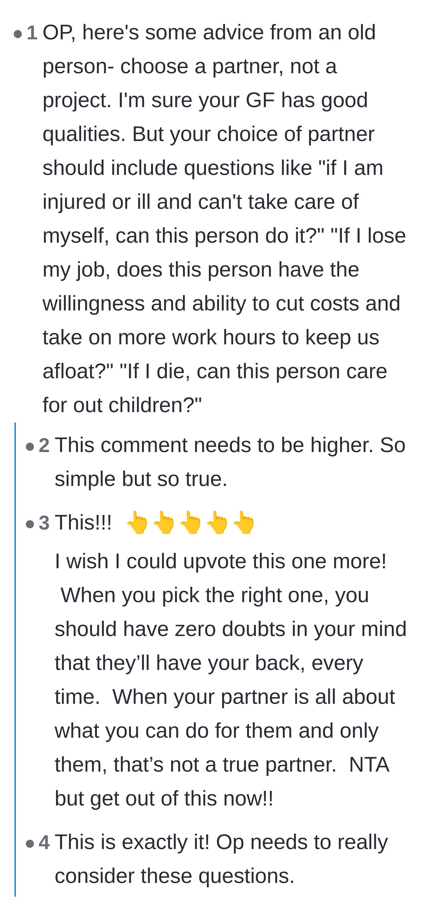 Comment thread 3 - Advice from an older commenter about choosing an equal partner who can support you, rather than a project.