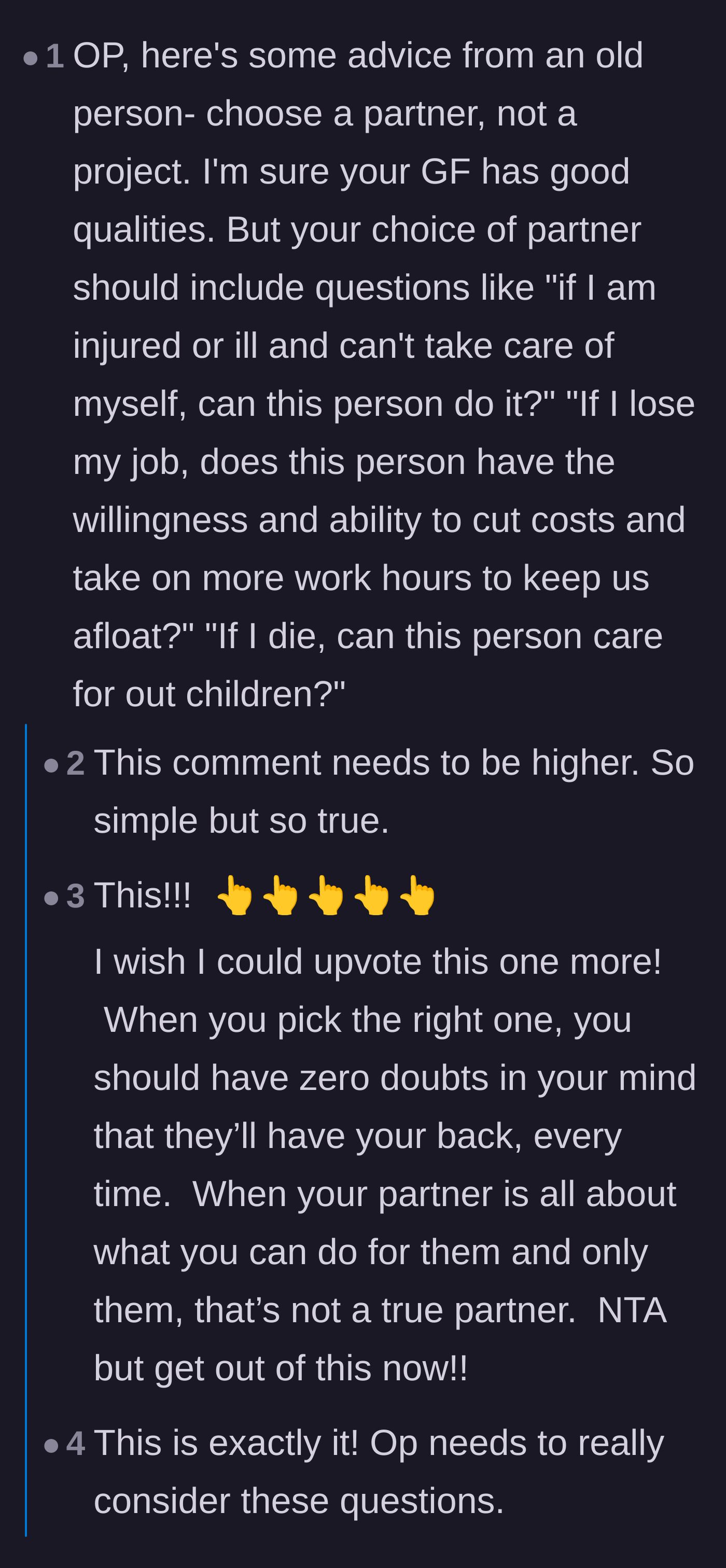Comment thread 3 - Advice from an older commenter about choosing an equal partner who can support you, rather than a project.