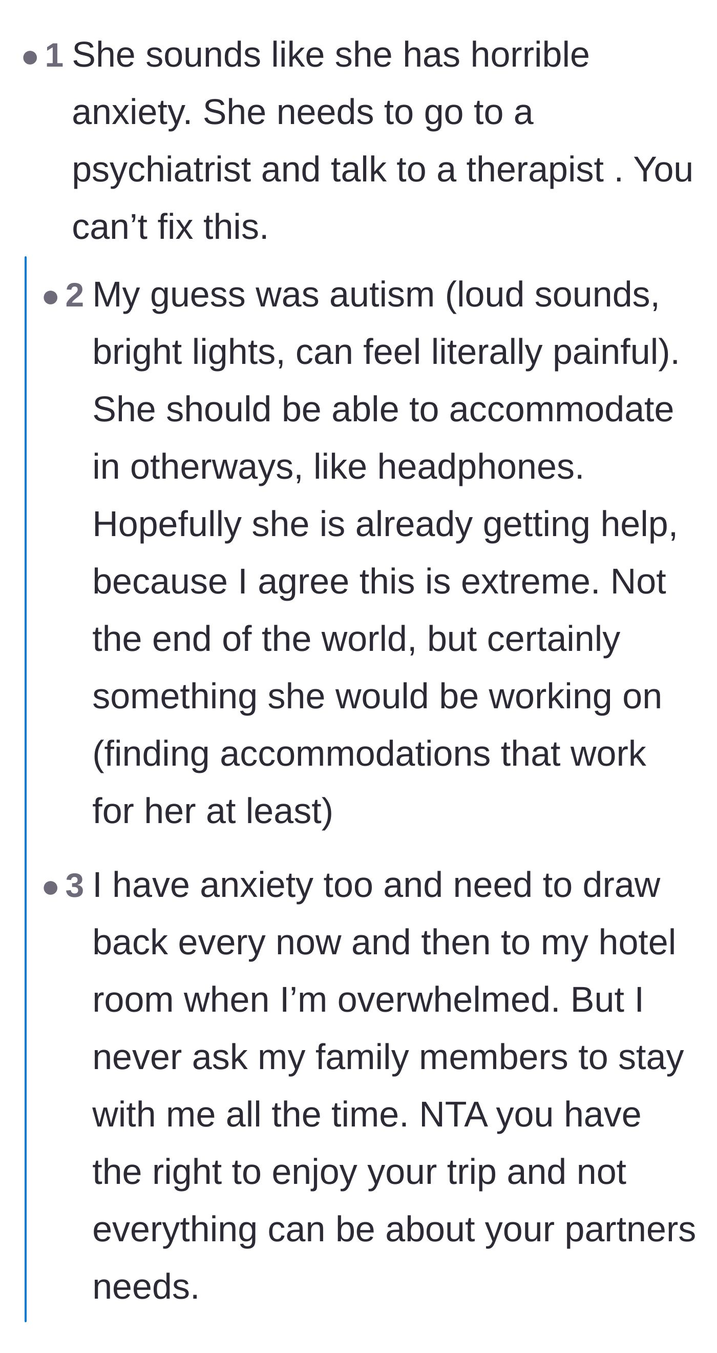 Comment thread 4 - A debate about whether the partner has severe anxiety or undiagnosed autism requiring professional help.