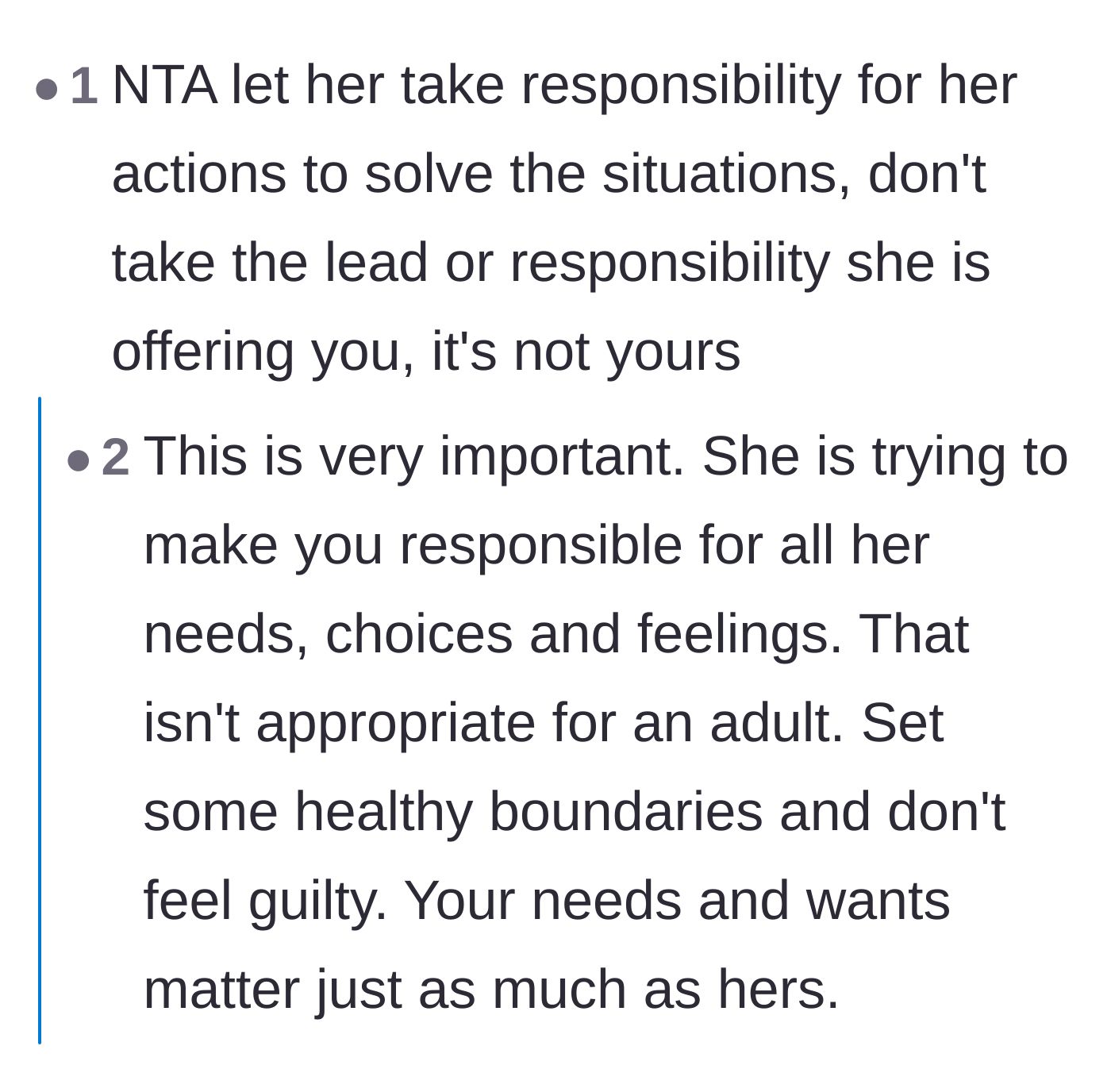Comment thread 5 - Comments urging the main character to stop taking responsibility for her partner's feelings and to set firm boundaries.