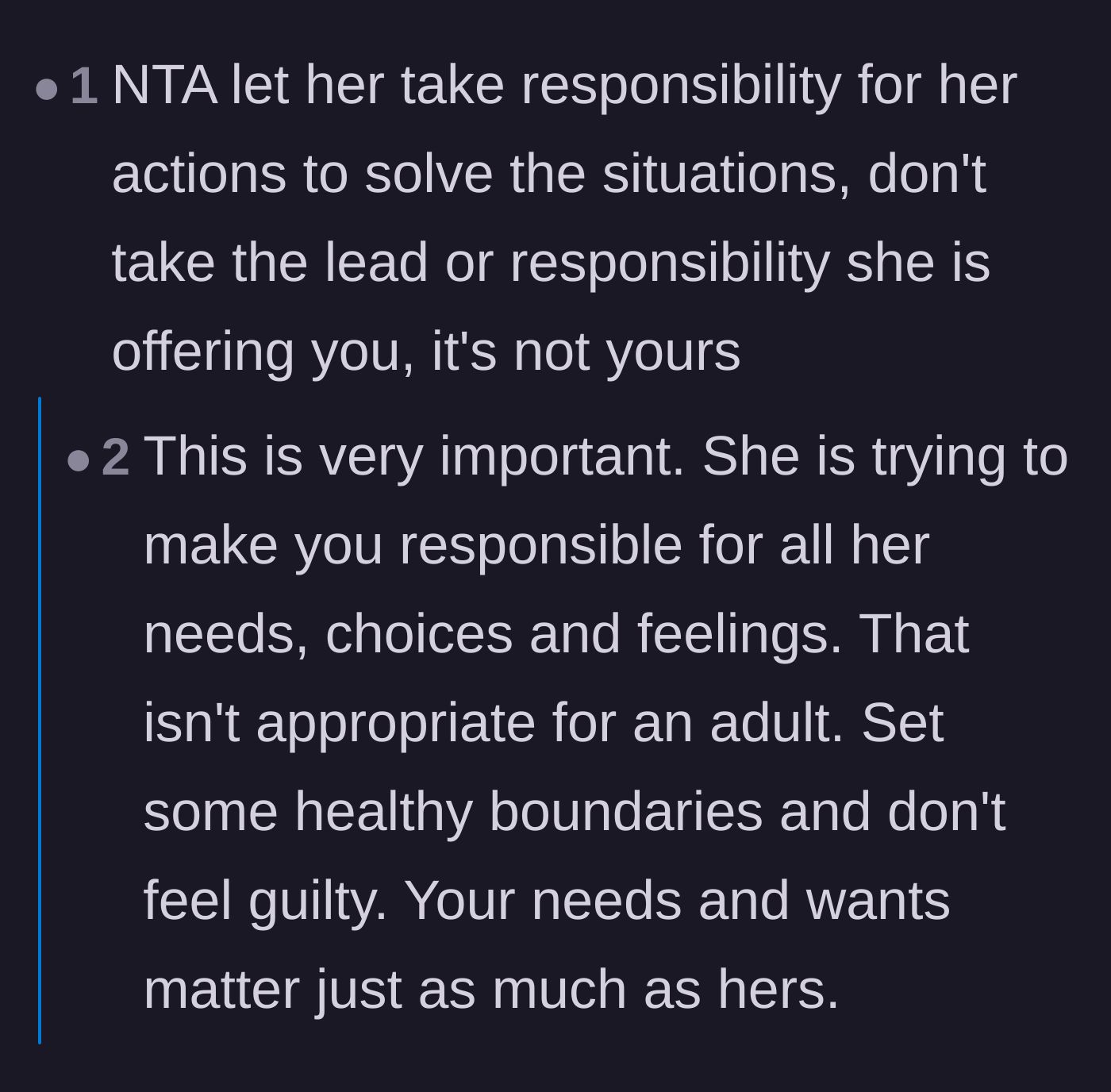 Comment thread 5 - Comments urging the main character to stop taking responsibility for her partner's feelings and to set firm boundaries.