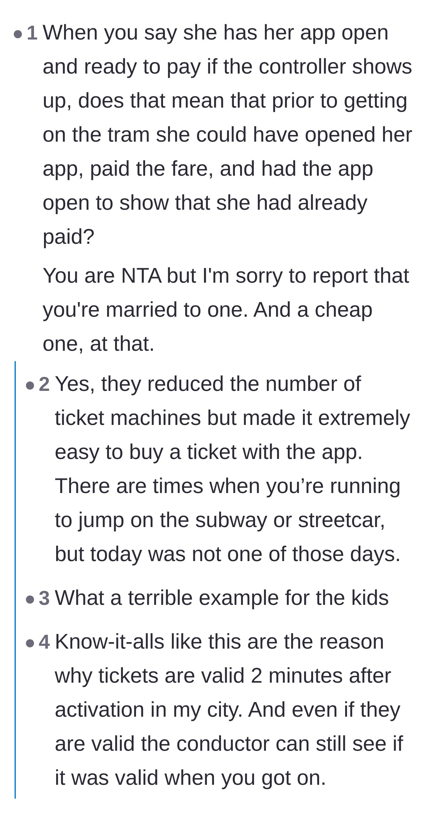 Comment thread 1 - Readers dissecting the wife's premeditated plan to dodge the fare using the transit app.