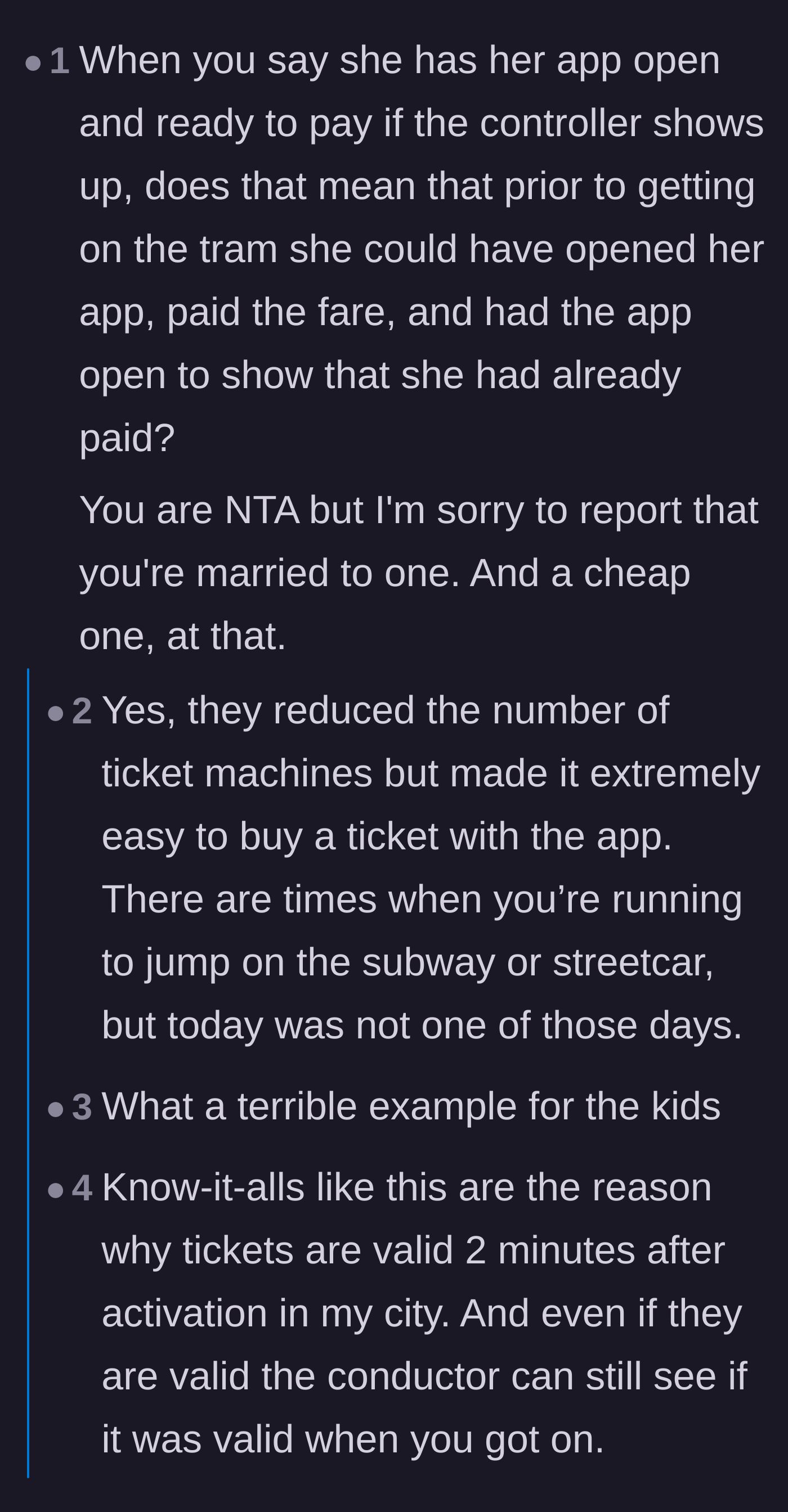 Comment thread 1 - Readers dissecting the wife's premeditated plan to dodge the fare using the transit app.