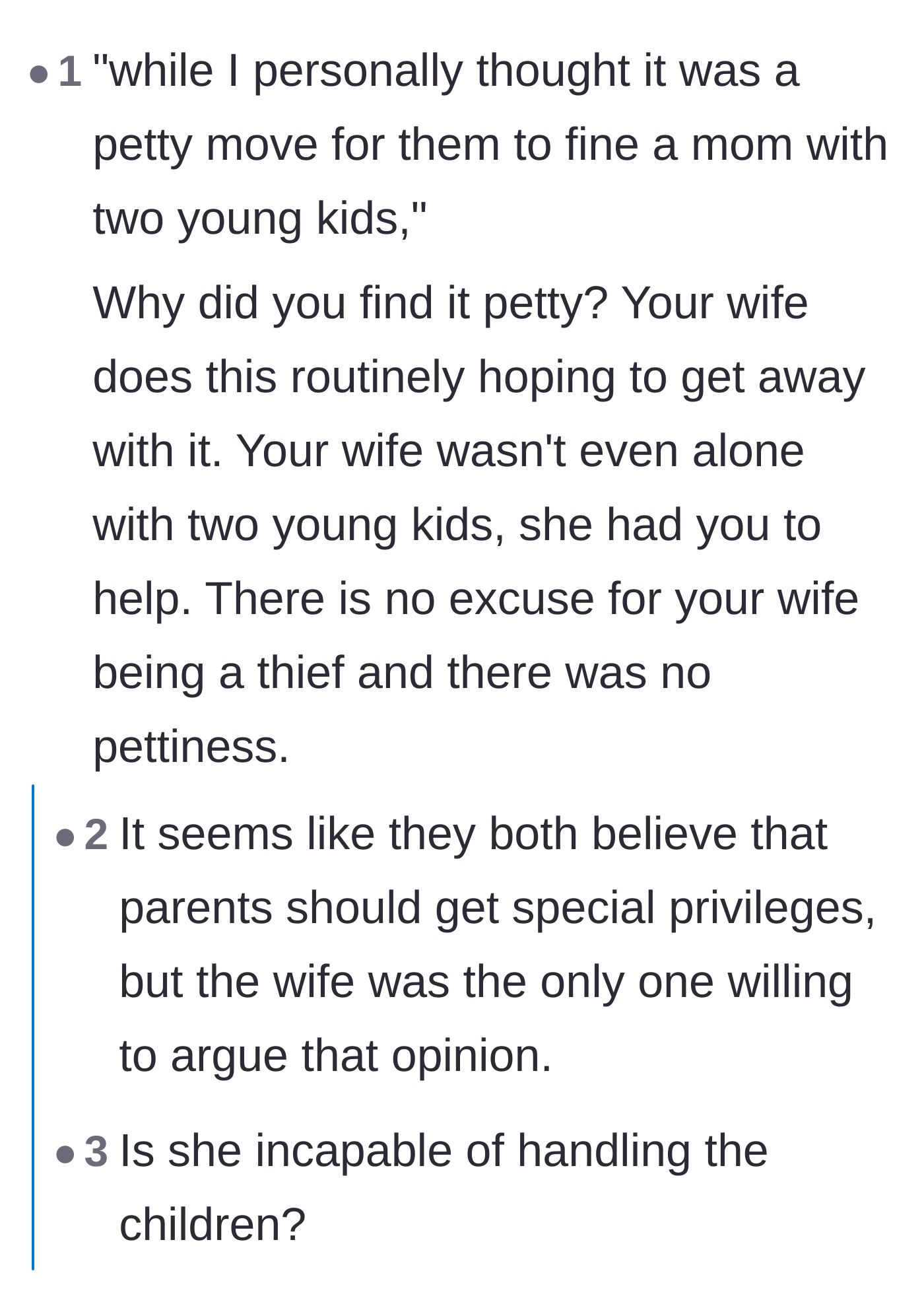 Comment thread 2 - Commenters calling out the husband for thinking it was petty to fine a mother when he was standing right there.