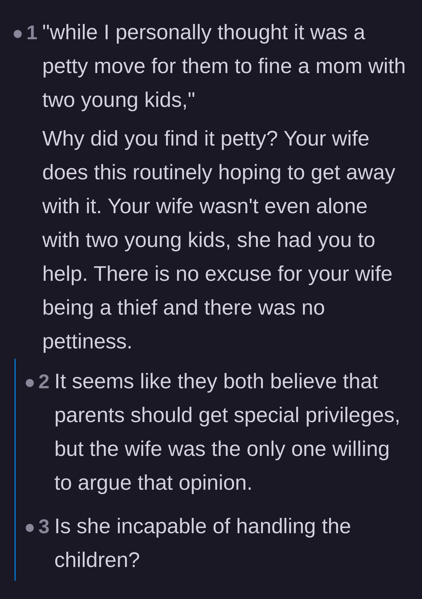 Comment thread 2 - Commenters calling out the husband for thinking it was petty to fine a mother when he was standing right there.