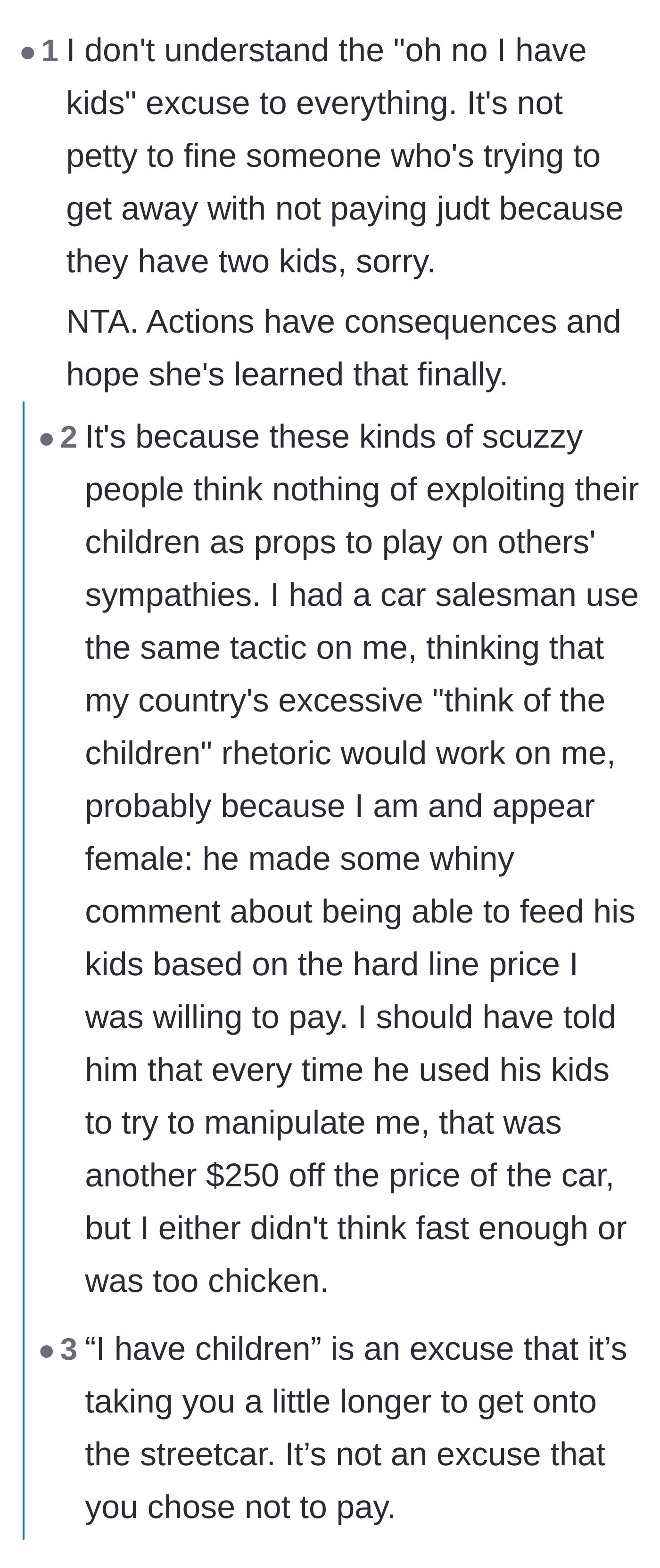 Comment thread 3 - Discussion on how the wife used her children to emotionally manipulate the transit controller.