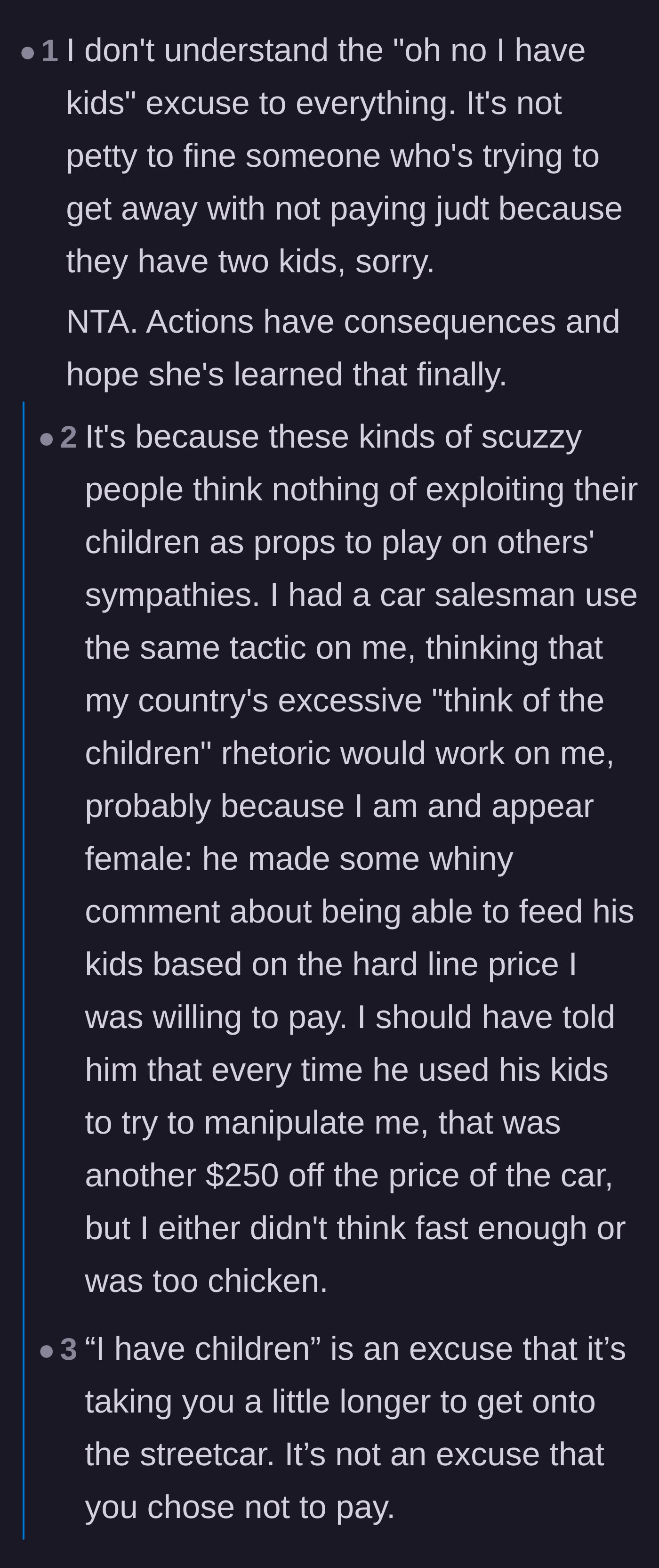 Comment thread 3 - Discussion on how the wife used her children to emotionally manipulate the transit controller.