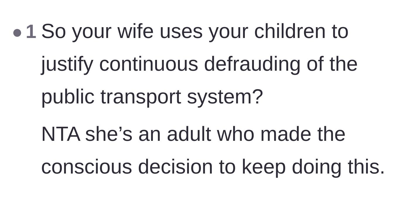 Comment thread 5 - A brief summary declaring the wife an adult who made a conscious decision to defraud the system.