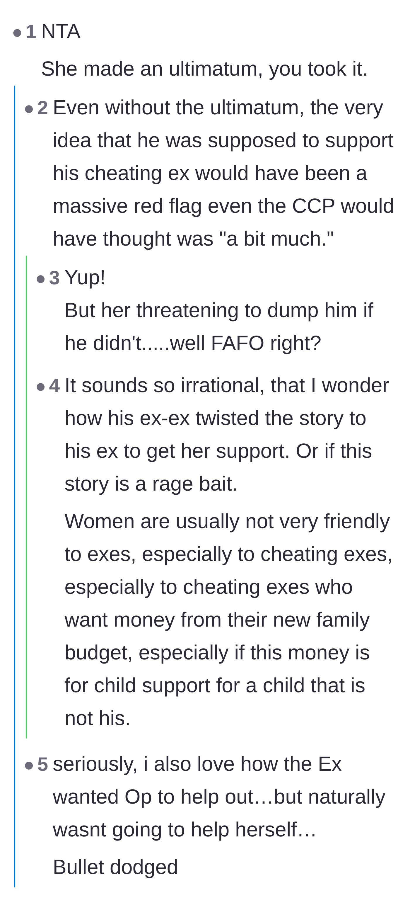 Comment thread 1 - A discussion analyzing the fiancée's irrational ultimatum and whether she was secretly testing him for future financial support.