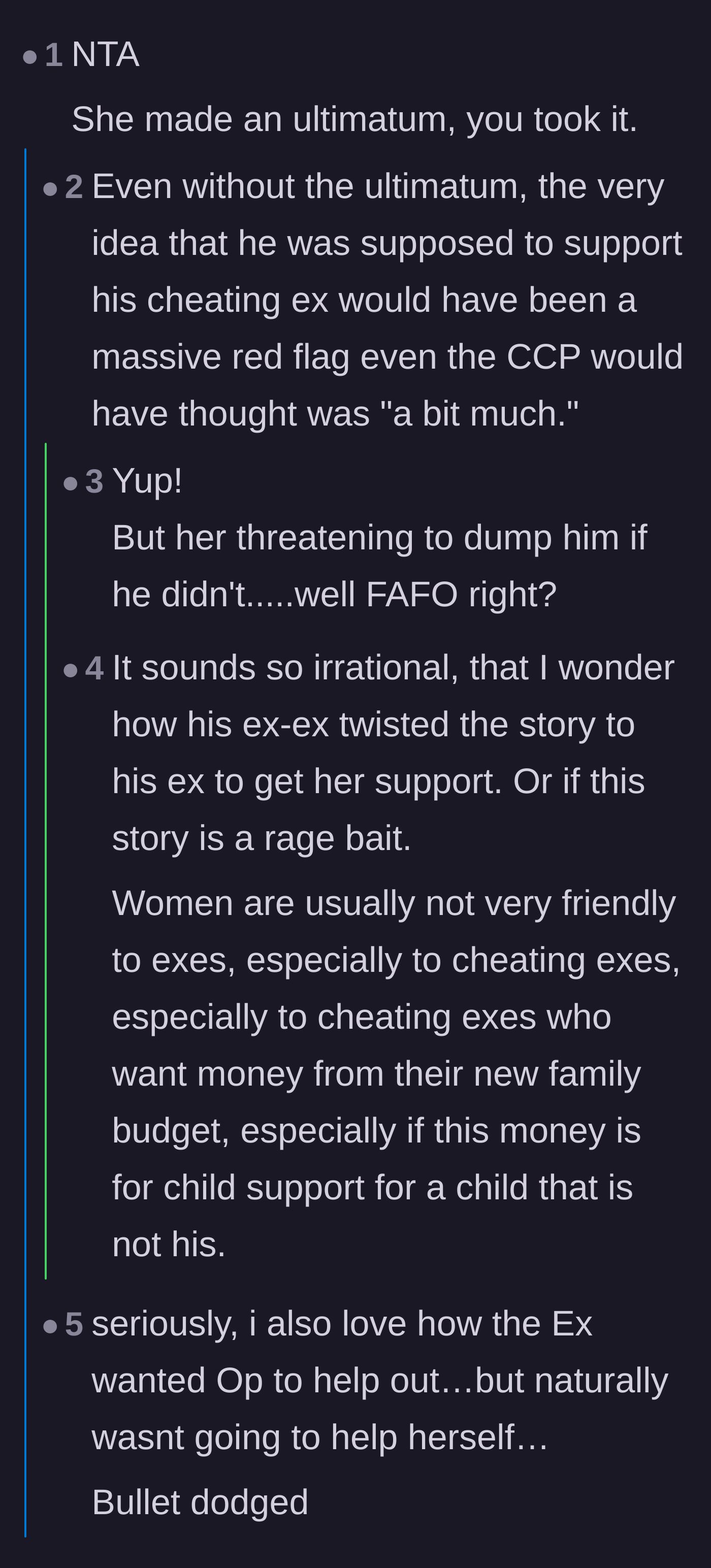 Comment thread 1 - A discussion analyzing the fiancée's irrational ultimatum and whether she was secretly testing him for future financial support.
