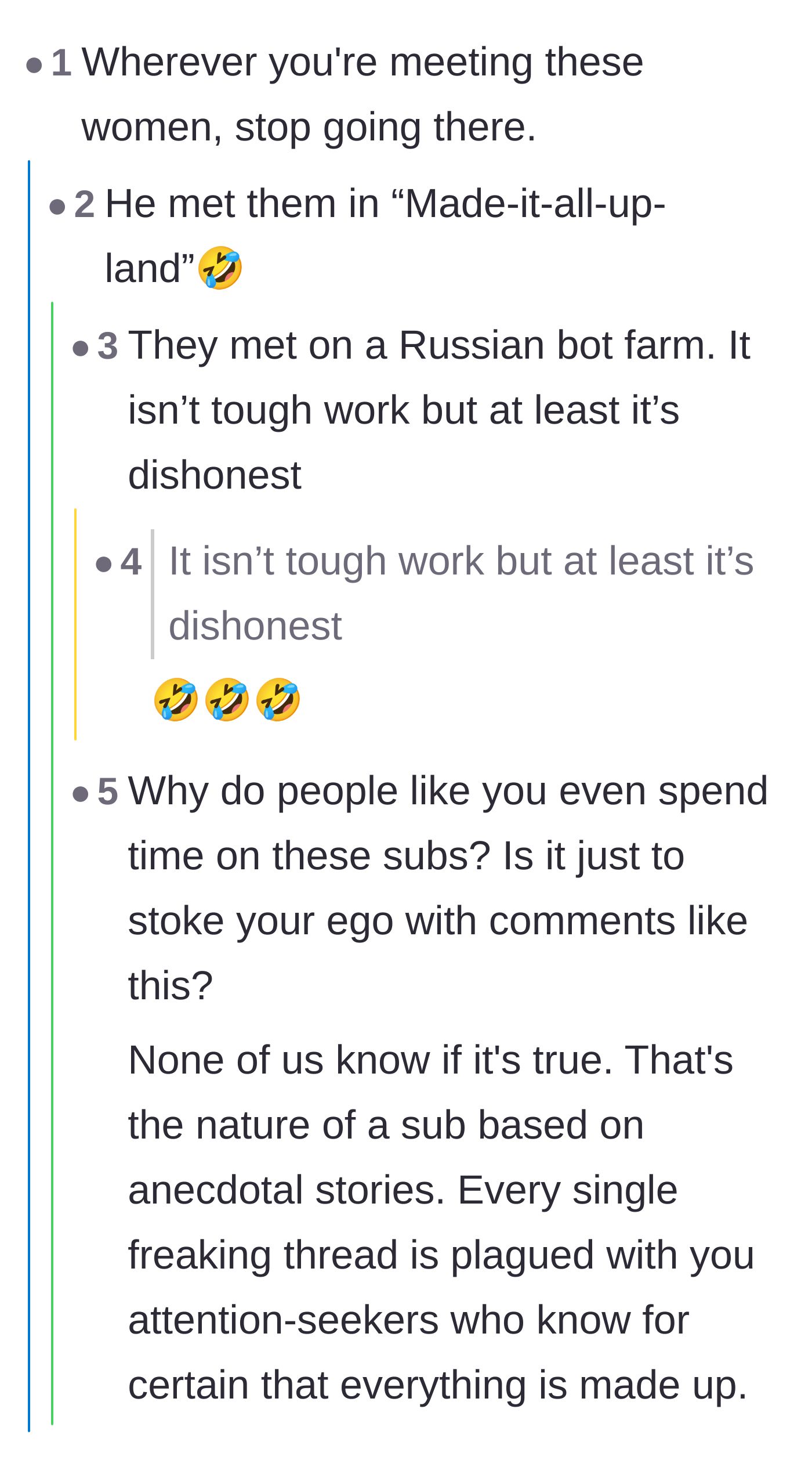 Comment thread 4 - An argument between skeptical readers accusing the story of being fake and others defending the chaotic reality of human relationships.