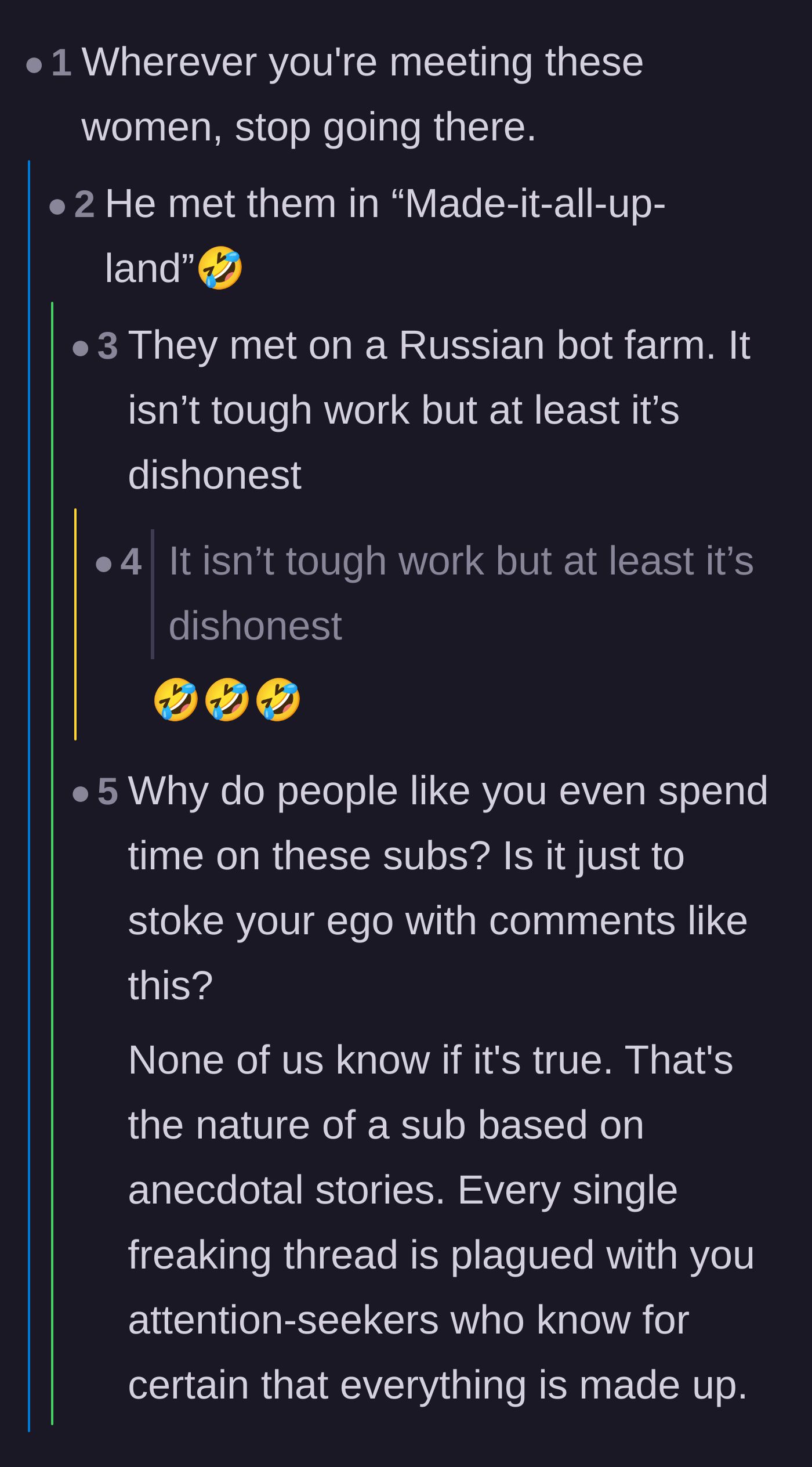 Comment thread 4 - An argument between skeptical readers accusing the story of being fake and others defending the chaotic reality of human relationships.