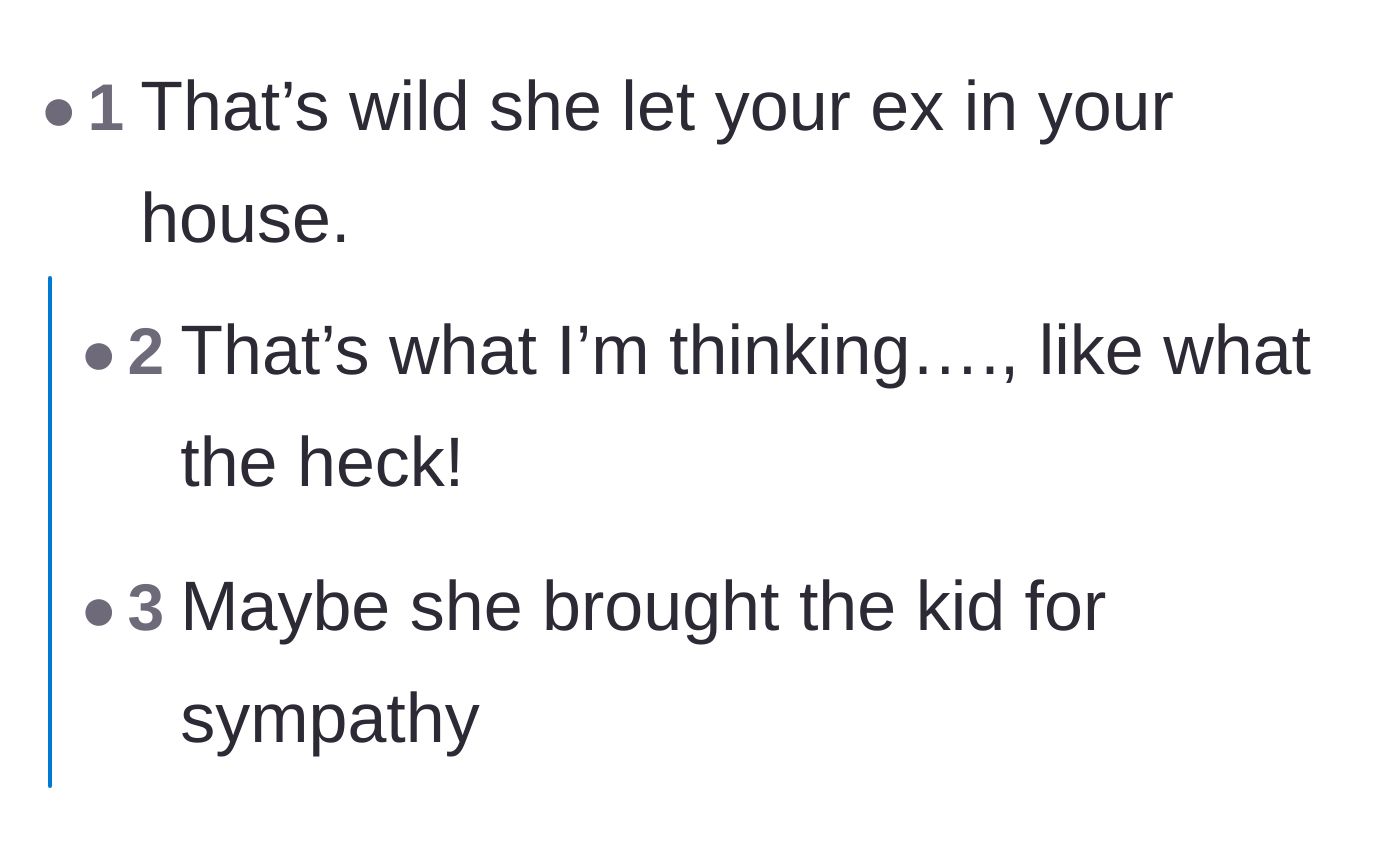 Comment thread 5 - Shocked reactions regarding the fiancée's boundary-crossing decision to invite the hostile ex-wife inside the home.