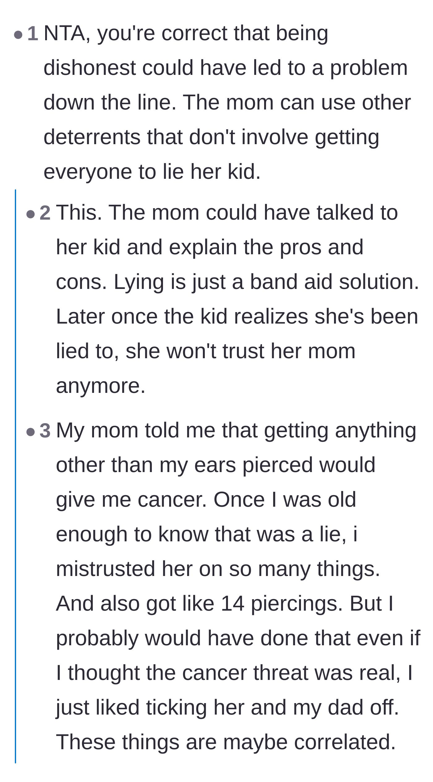 Comment thread 1 - Readers discussing how parental scare tactics erode trust and why permanence is a better argument than pain
