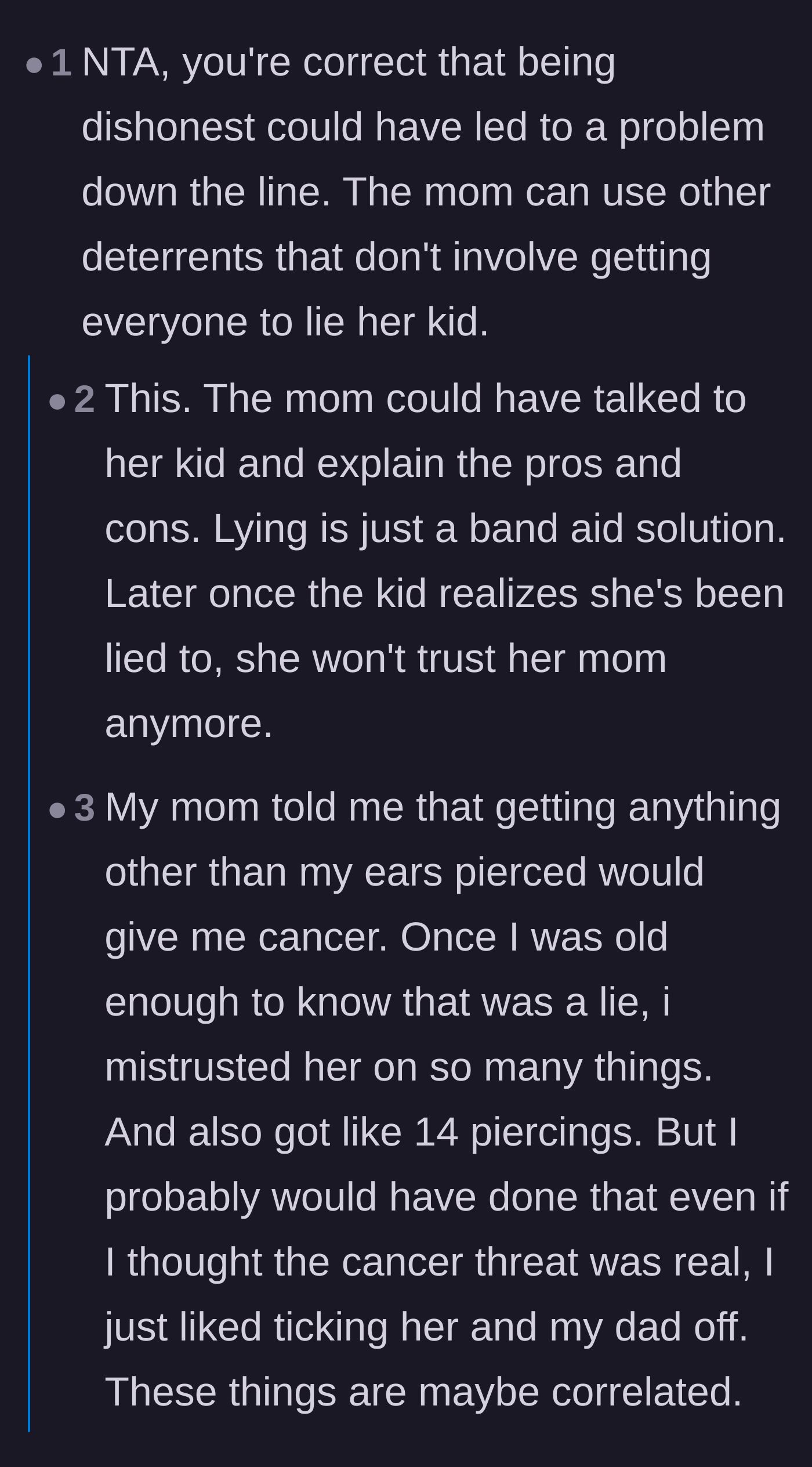 Comment thread 1 - Readers discussing how parental scare tactics erode trust and why permanence is a better argument than pain