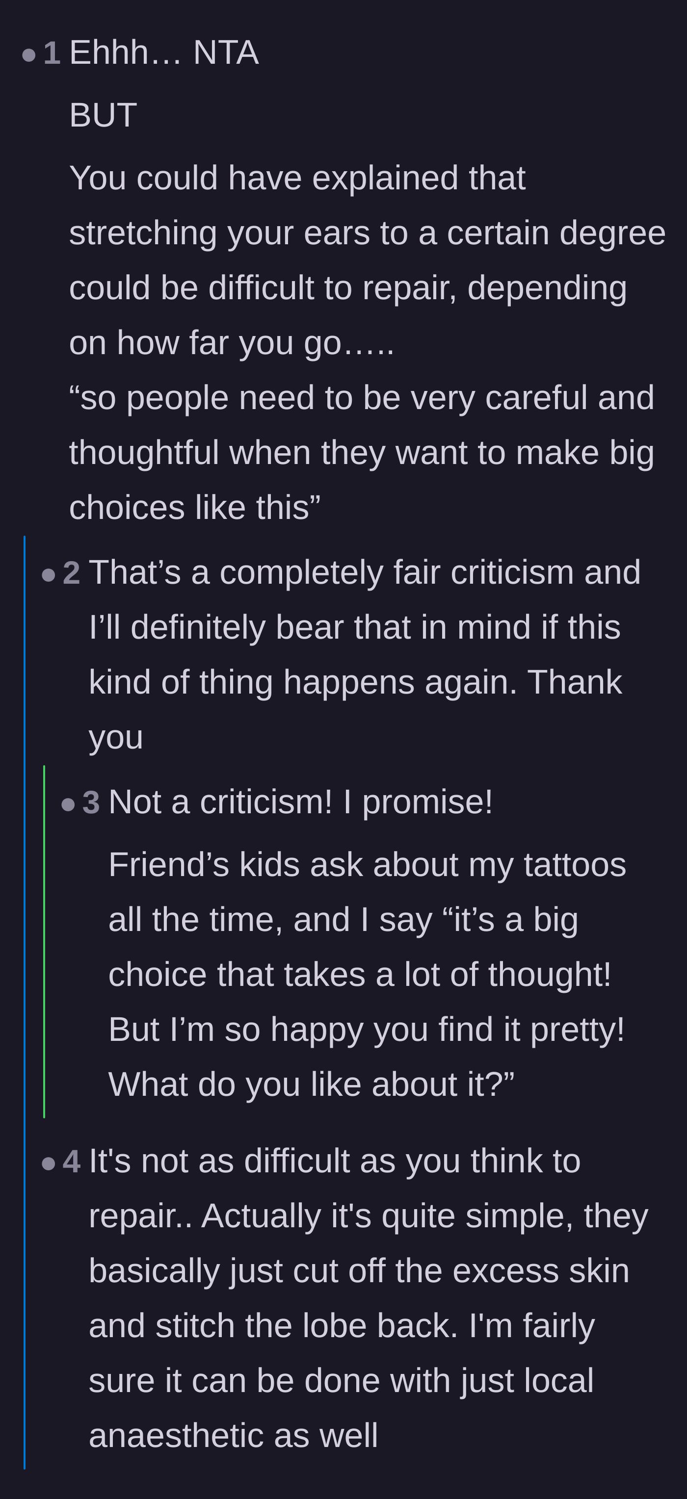 Comment thread 4 - A constructive exchange with the author about framing body modifications around permanence and surgical repair
