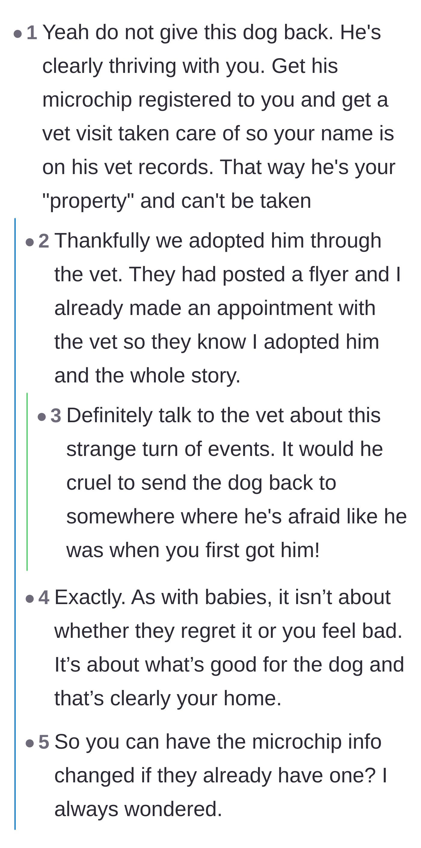 Comment thread 1 - Readers advising the new owner to immediately microchip the dog and establish a paper trail with the vet to secure legal ownership.