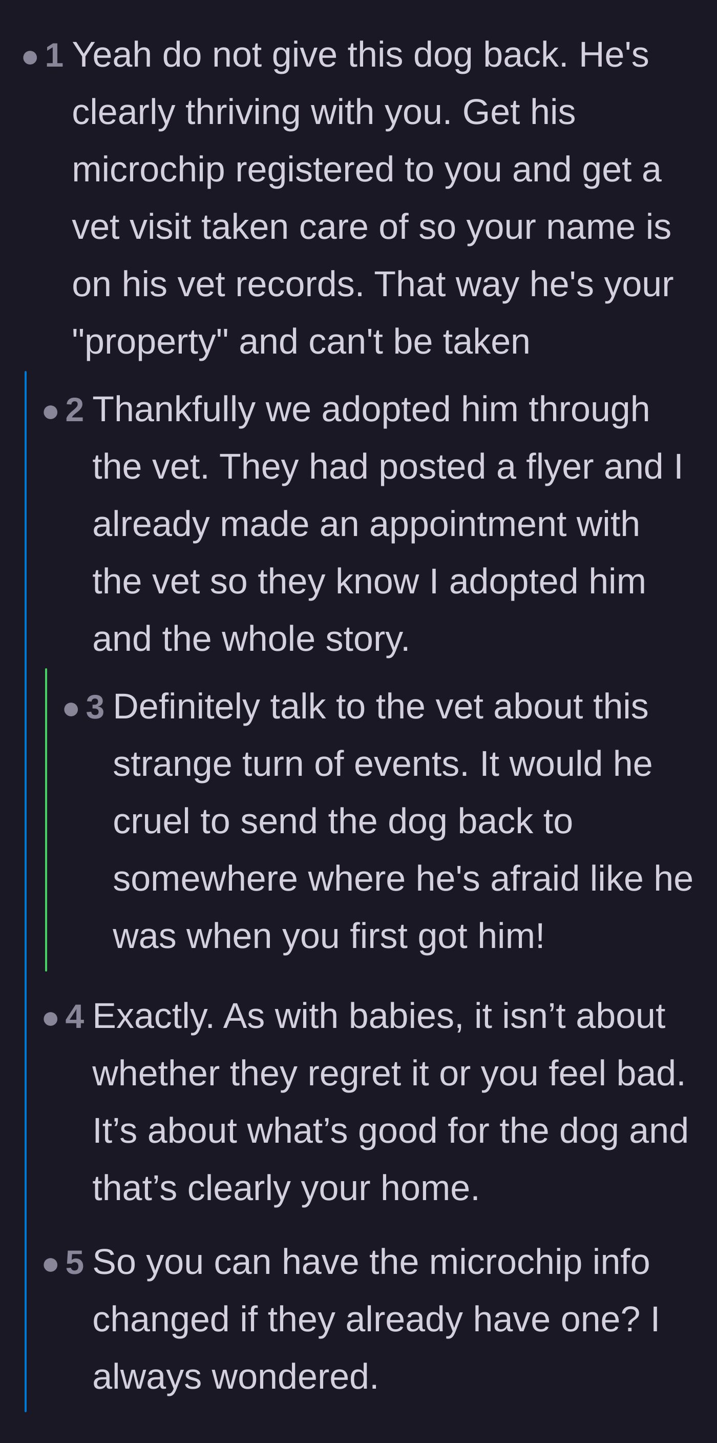 Comment thread 1 - Readers advising the new owner to immediately microchip the dog and establish a paper trail with the vet to secure legal ownership.