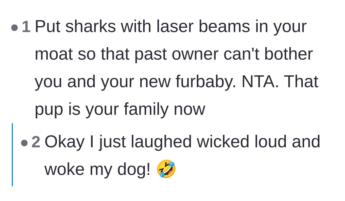 Comment thread 3 - A humorous suggestion to put laser-equipped sharks in the new owner's concrete moat to ward off the previous owners.