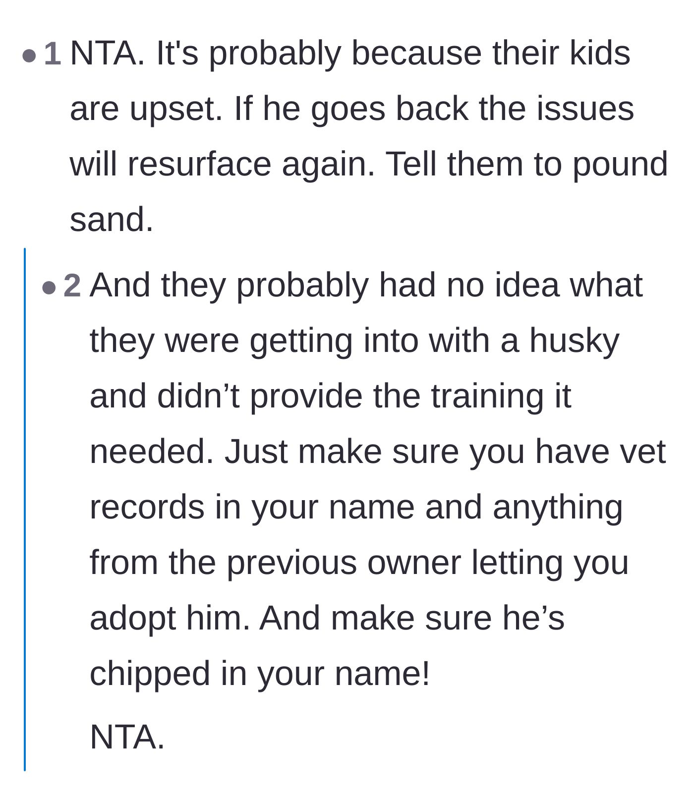 Comment thread 4 - Speculation that the previous owners' children might be upset, alongside praise for the new owner's breed-specific landscaping and experience.