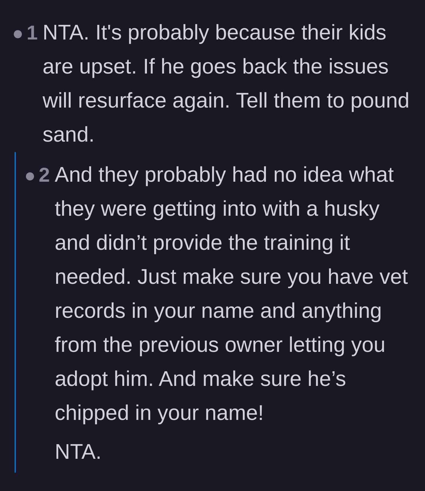 Comment thread 4 - Speculation that the previous owners' children might be upset, alongside praise for the new owner's breed-specific landscaping and experience.