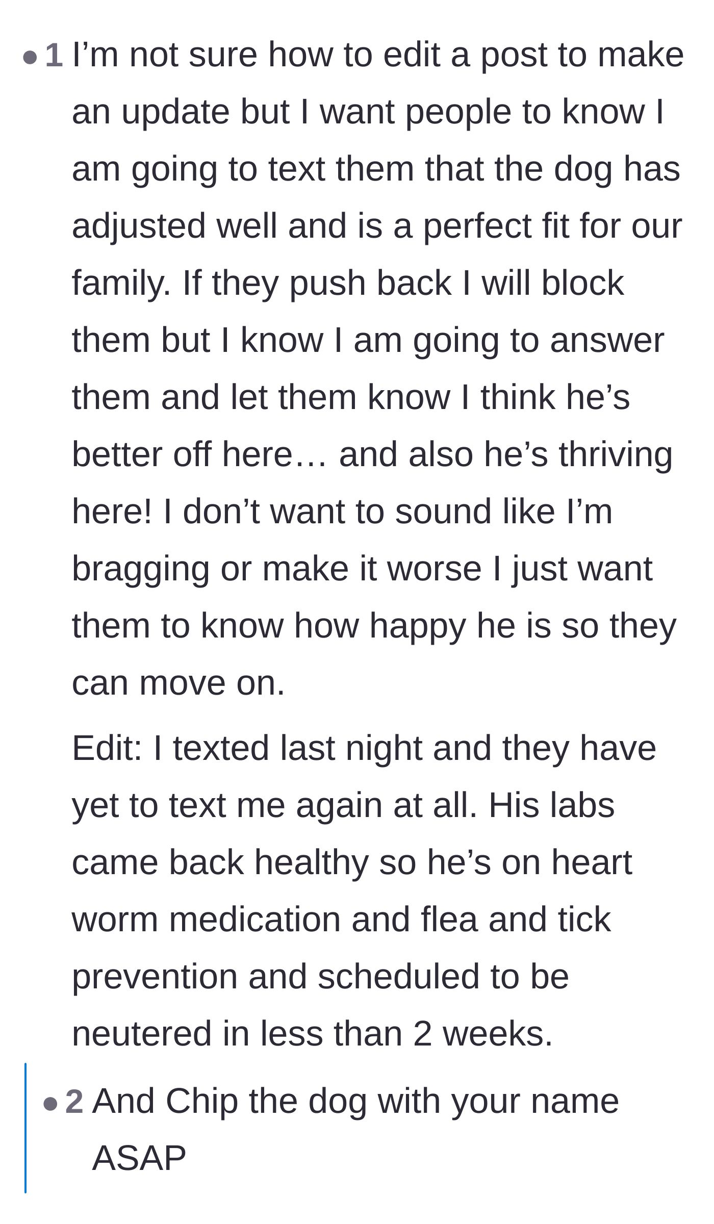 Comment thread 5 - The original poster's update about sending a polite but firm text refusing to return the dog, followed by total silence from the former owners.