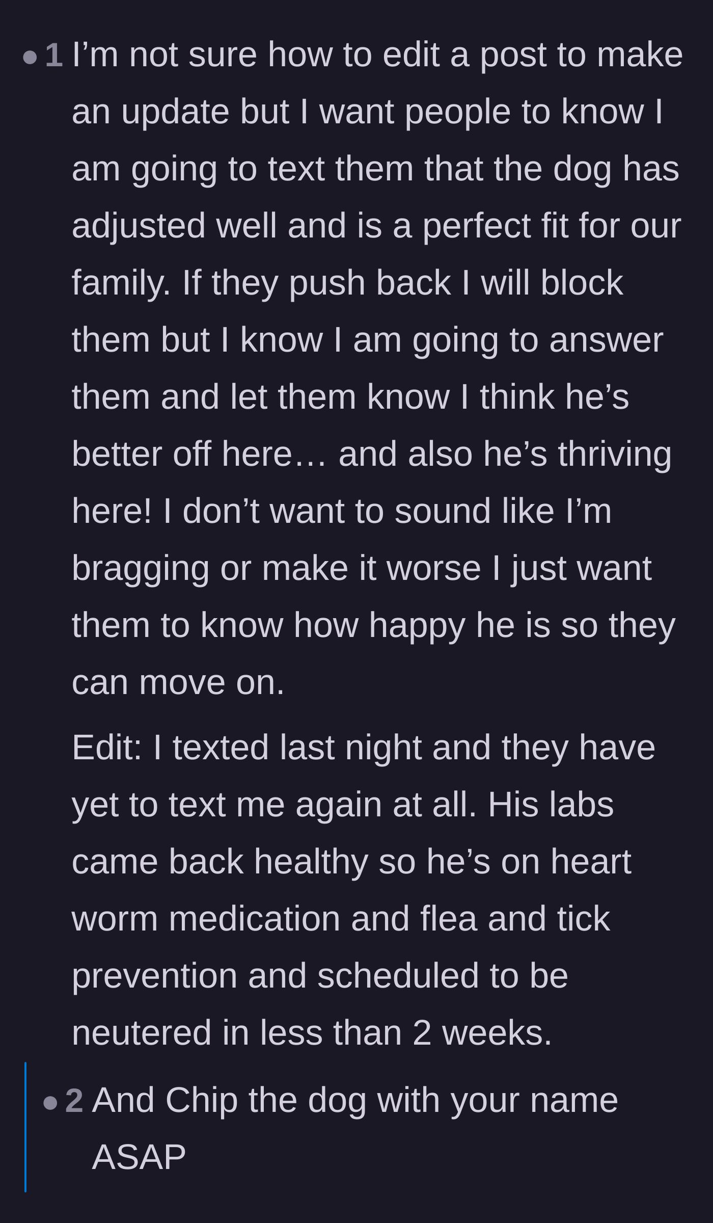 Comment thread 5 - The original poster's update about sending a polite but firm text refusing to return the dog, followed by total silence from the former owners.