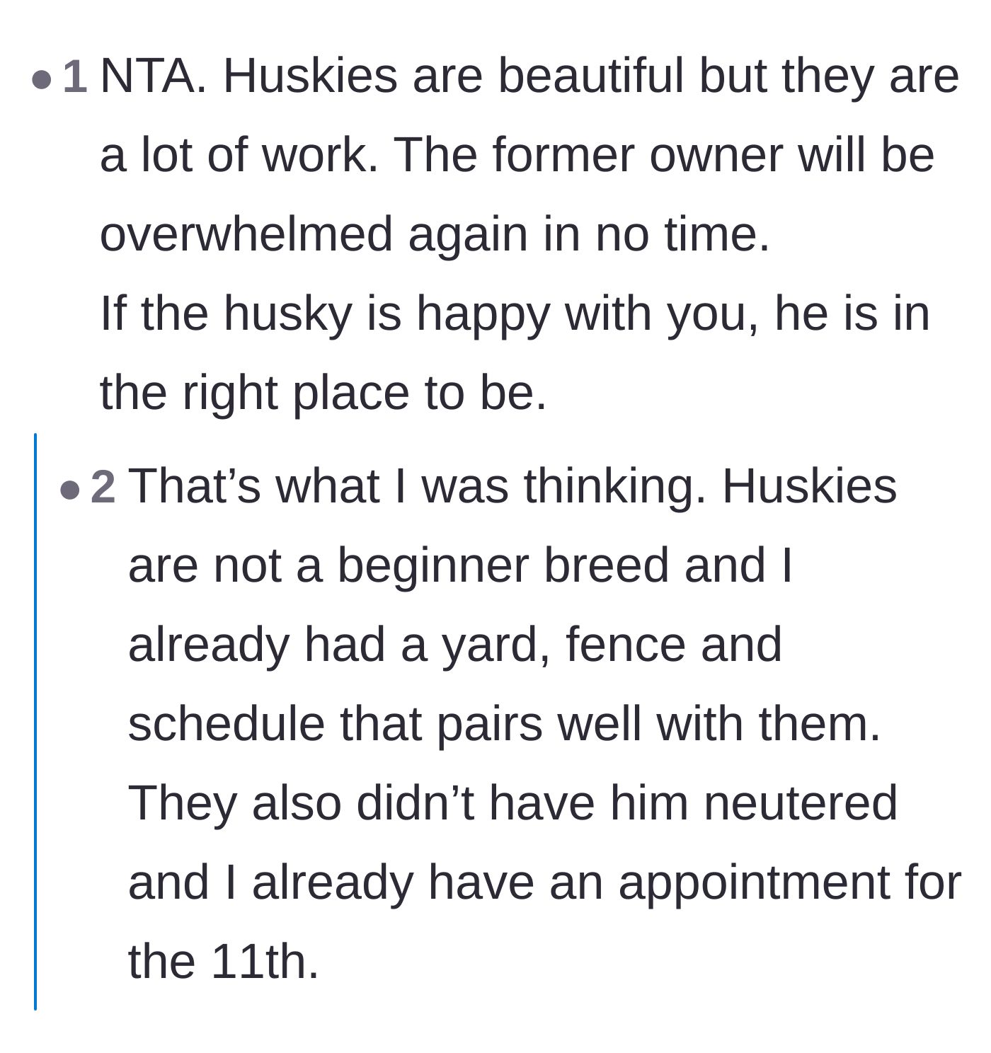 Comment thread 6 - A critical look at the former owners' failure to provide basic veterinary care, like neutering or microchipping, before giving the dog away.