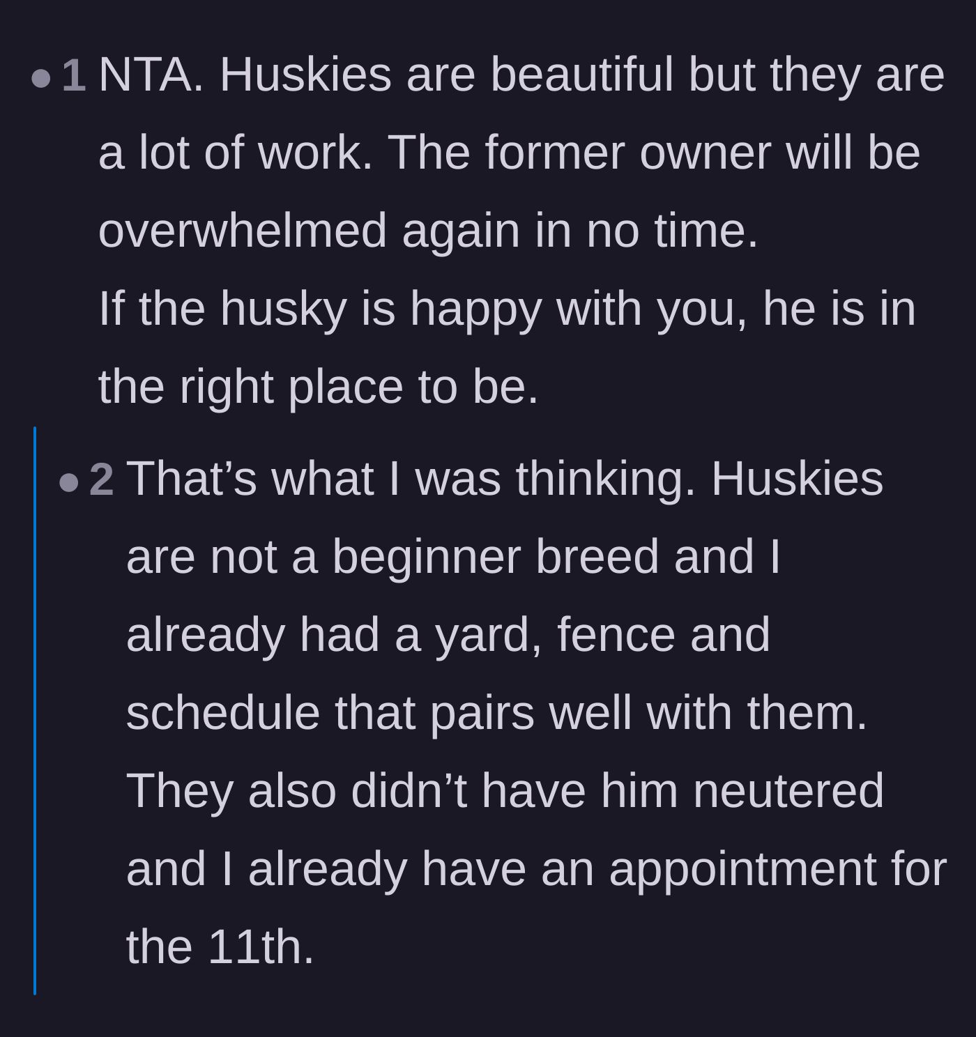 Comment thread 6 - A critical look at the former owners' failure to provide basic veterinary care, like neutering or microchipping, before giving the dog away.